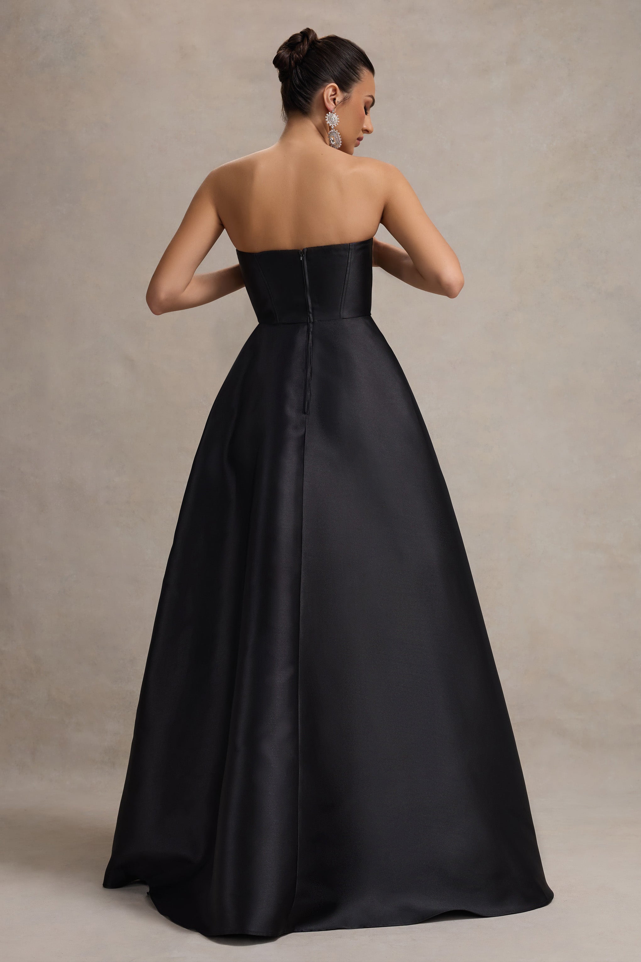 Evren | Siyah Bandeau Puff-Etek Yırtmaçlı Maxi Elbise