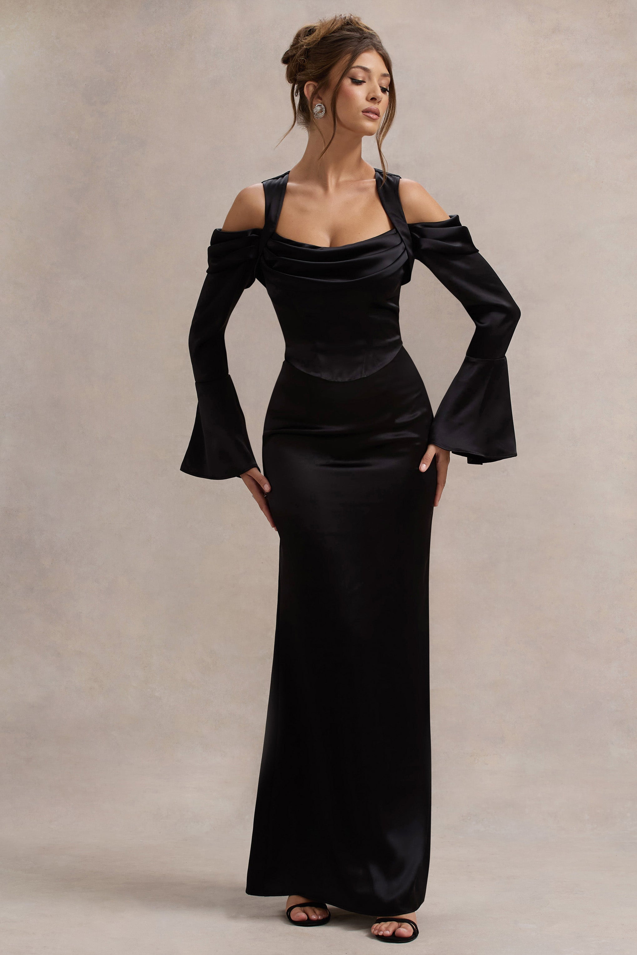 Heartthrob | Siyah Saten Drapeli Bardot Maxi Elbise