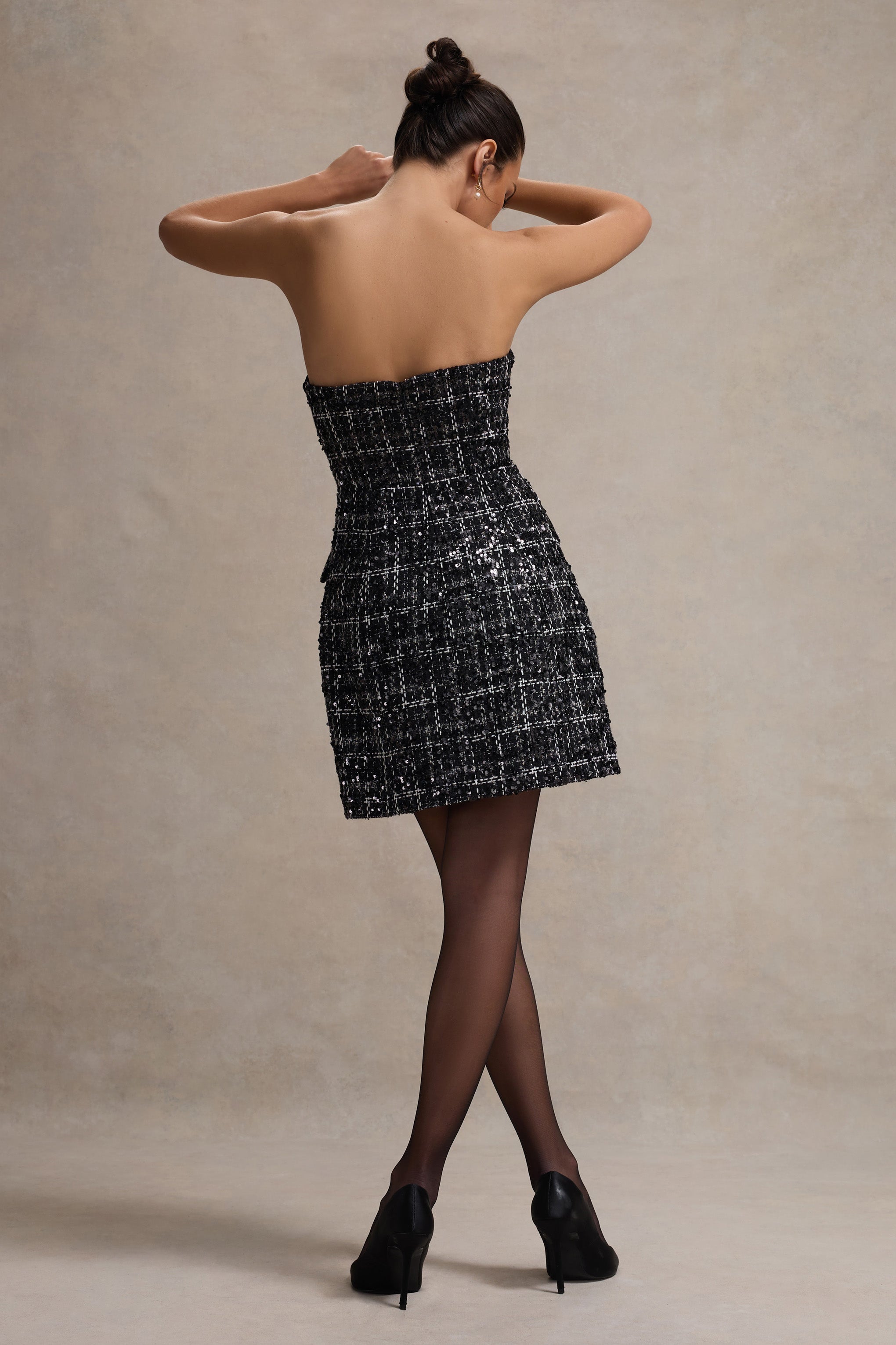 Park Avenue | Siyah Boucle Strapless Dar Mini Elbise
