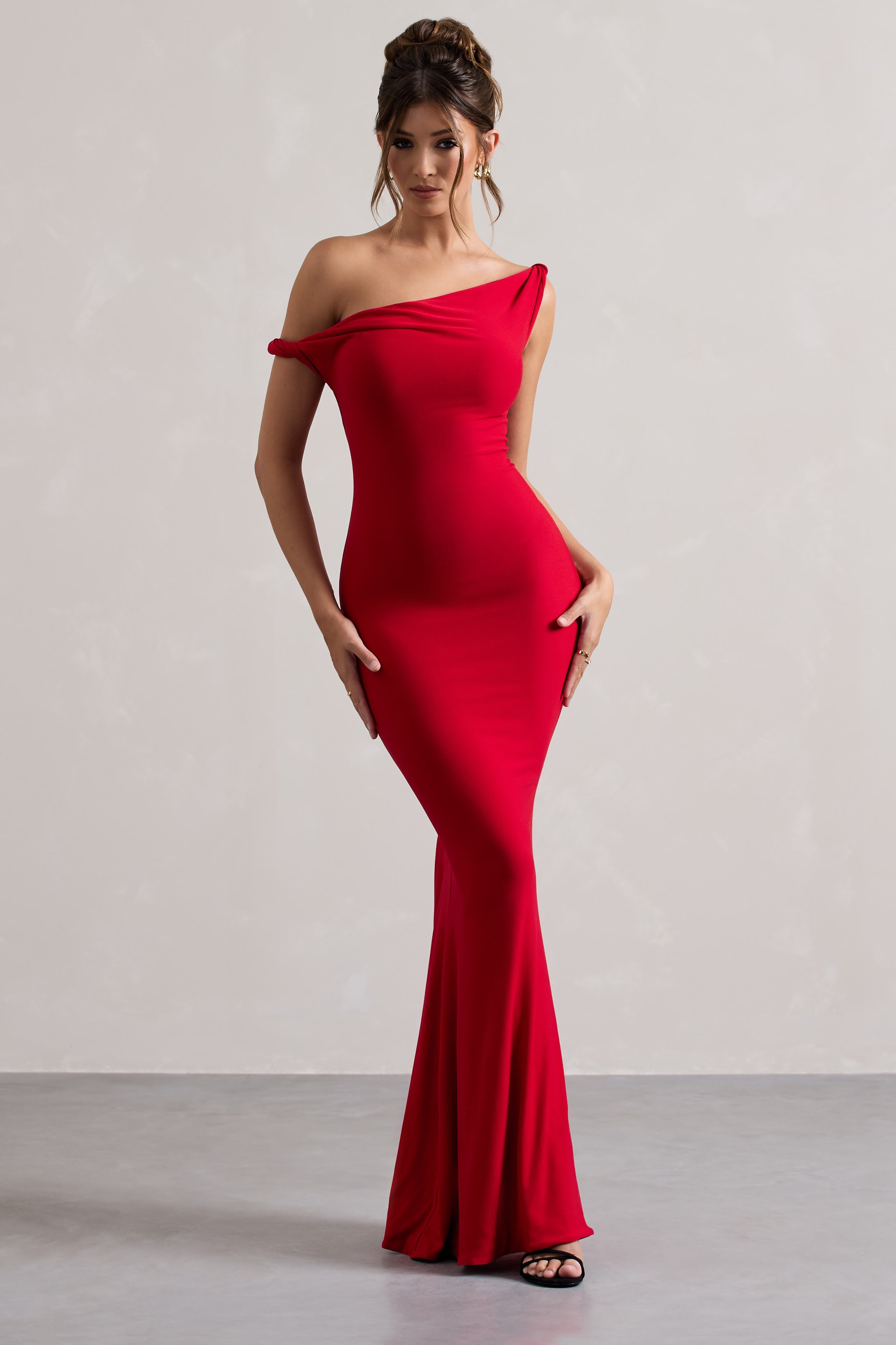 Lita | Kırmızı Kıvrımlı Asimetrik Maxi Elbise
