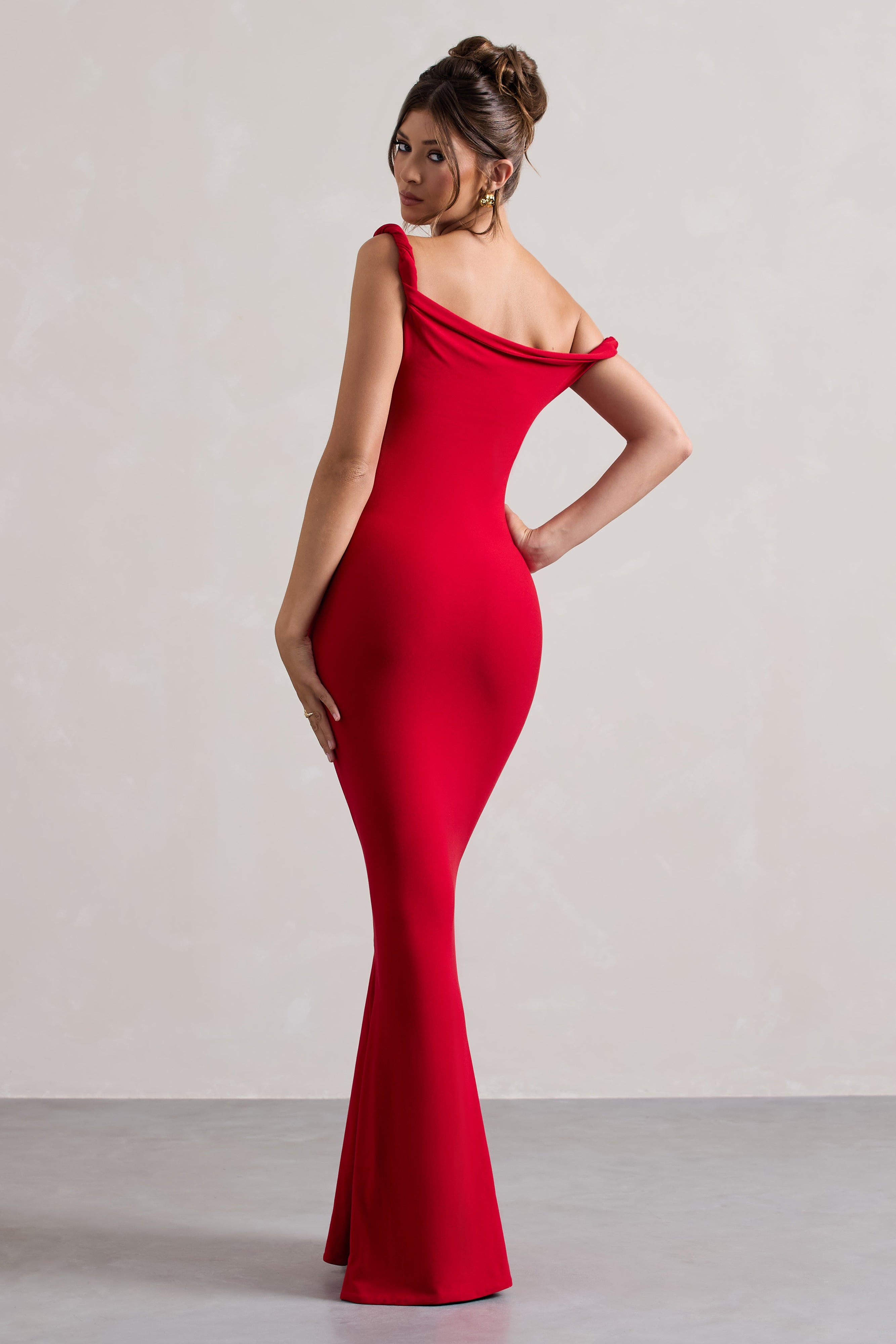 Lita | Kırmızı Kıvrımlı Asimetrik Maxi Elbise