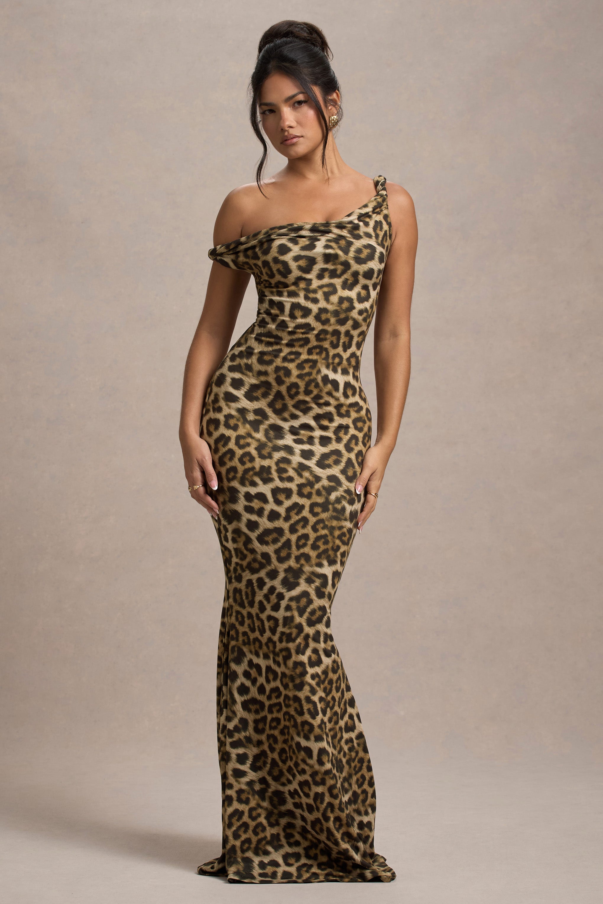 Lita | Leopar Desenli Kıvrımlı Asimetrik Maxi Elbise