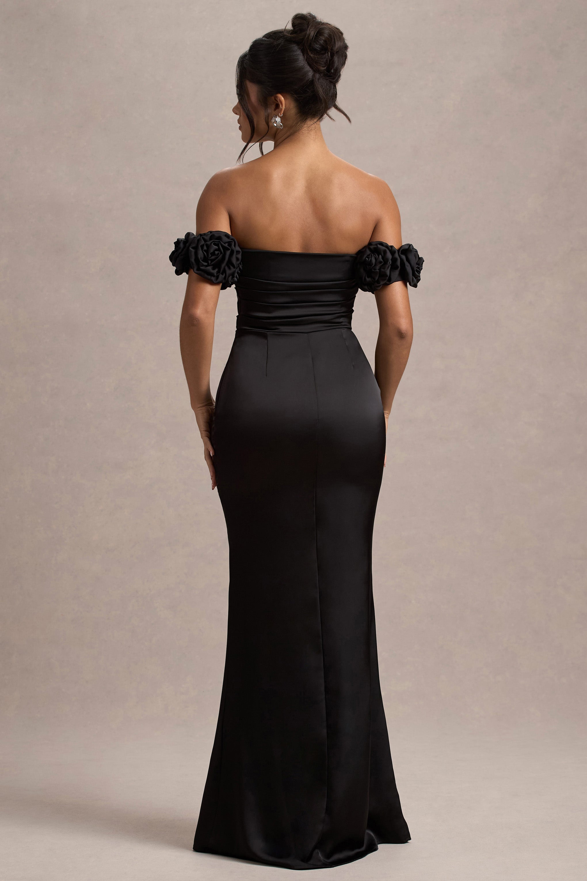 Anlamsız | Siyah Saten Çiçekli Bardot Maxi Elbise