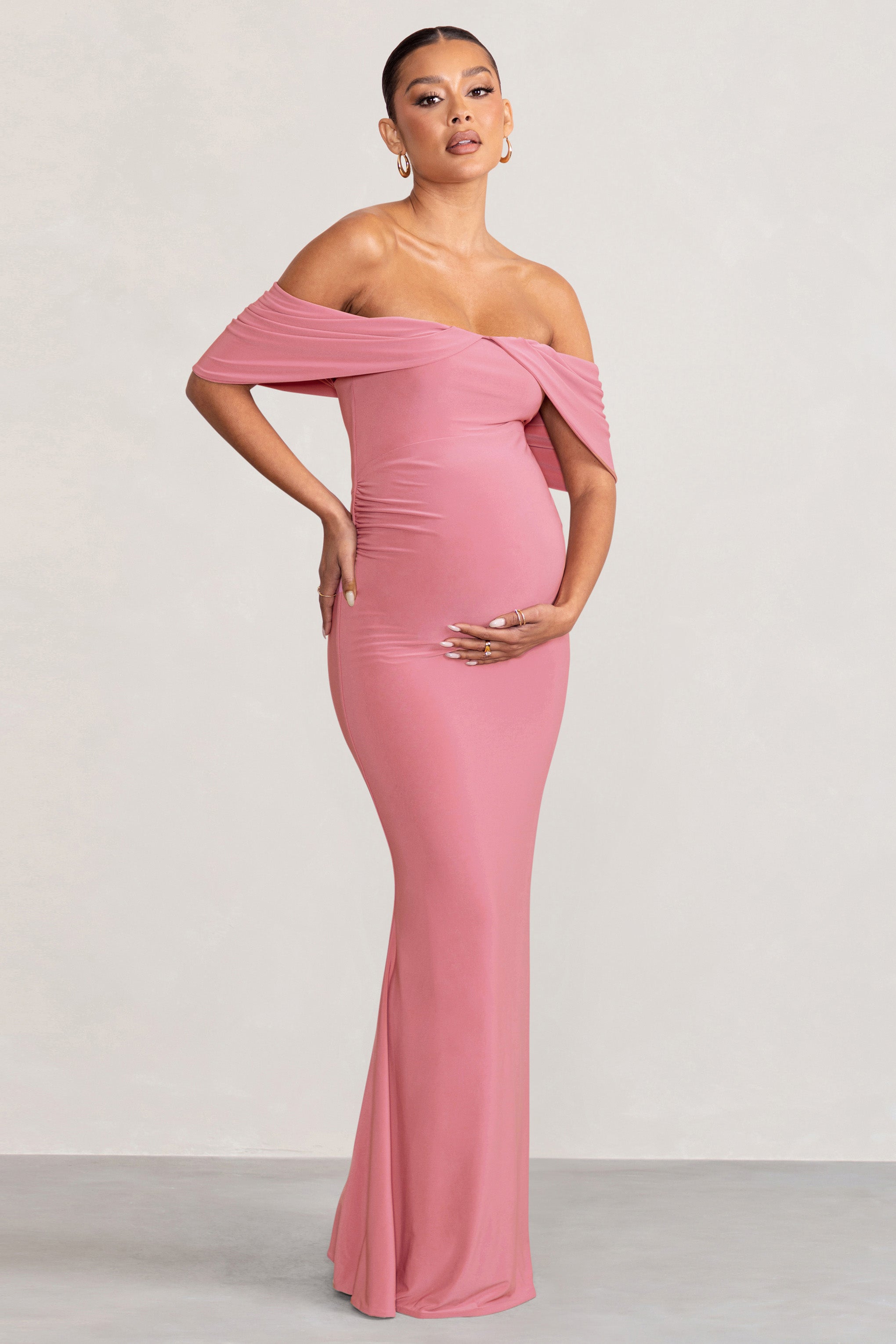 Asha | Pembe Drapeli Kol Bardot Hamile Maxi Elbise