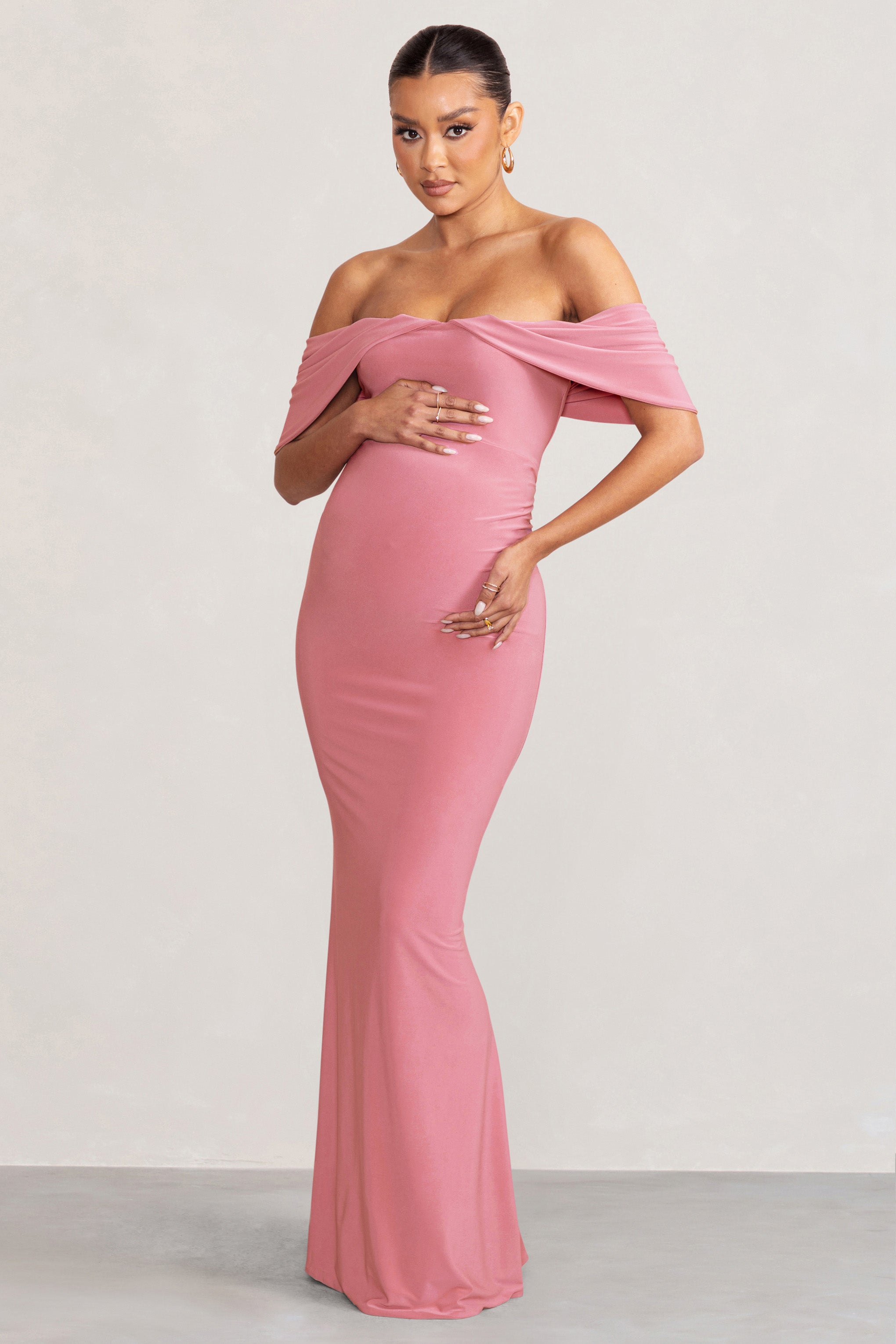Asha | Pembe Drapeli Kol Bardot Hamile Maxi Elbise