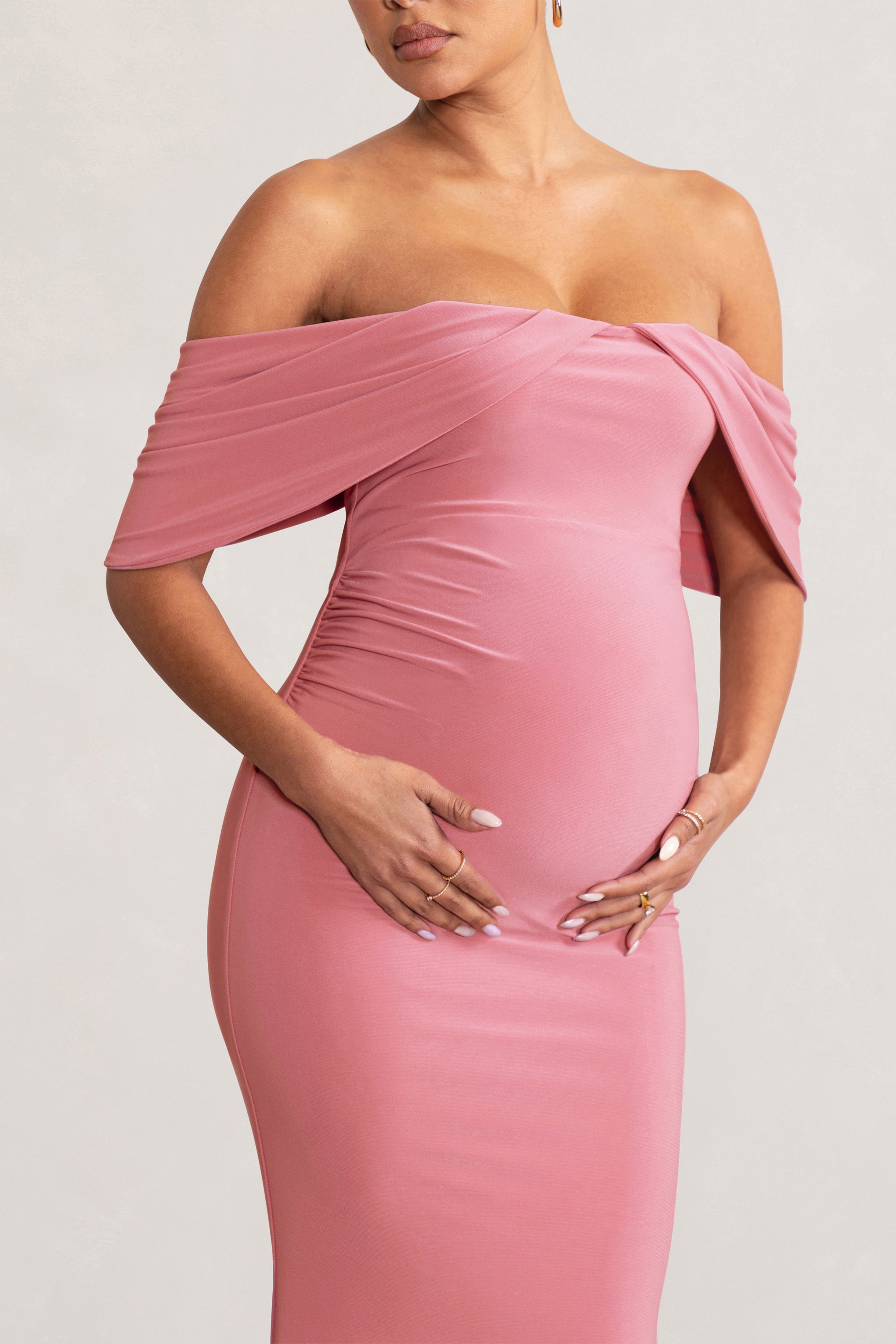 Asha | Pembe Drapeli Kol Bardot Hamile Maxi Elbise