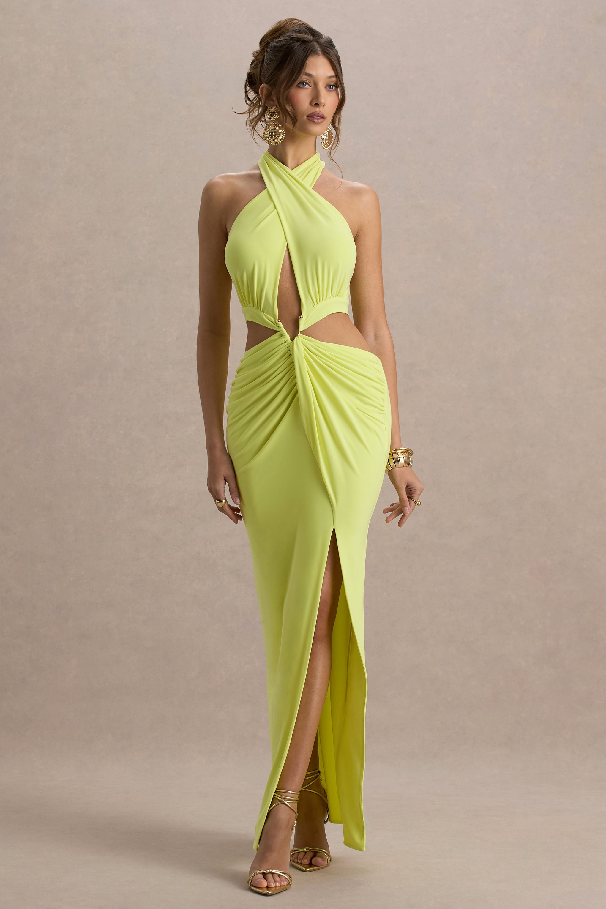 Aura | Lime Yeşil Halter Yaka Kesik Detaylı Maxi Elbise