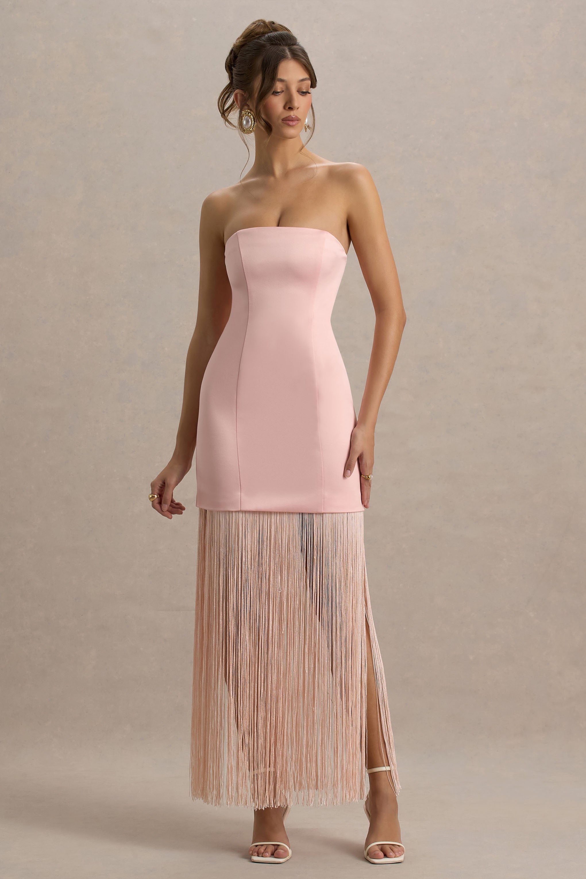 Trinity | Fransalı Pembe Saten Bandeau Maxi Elbise