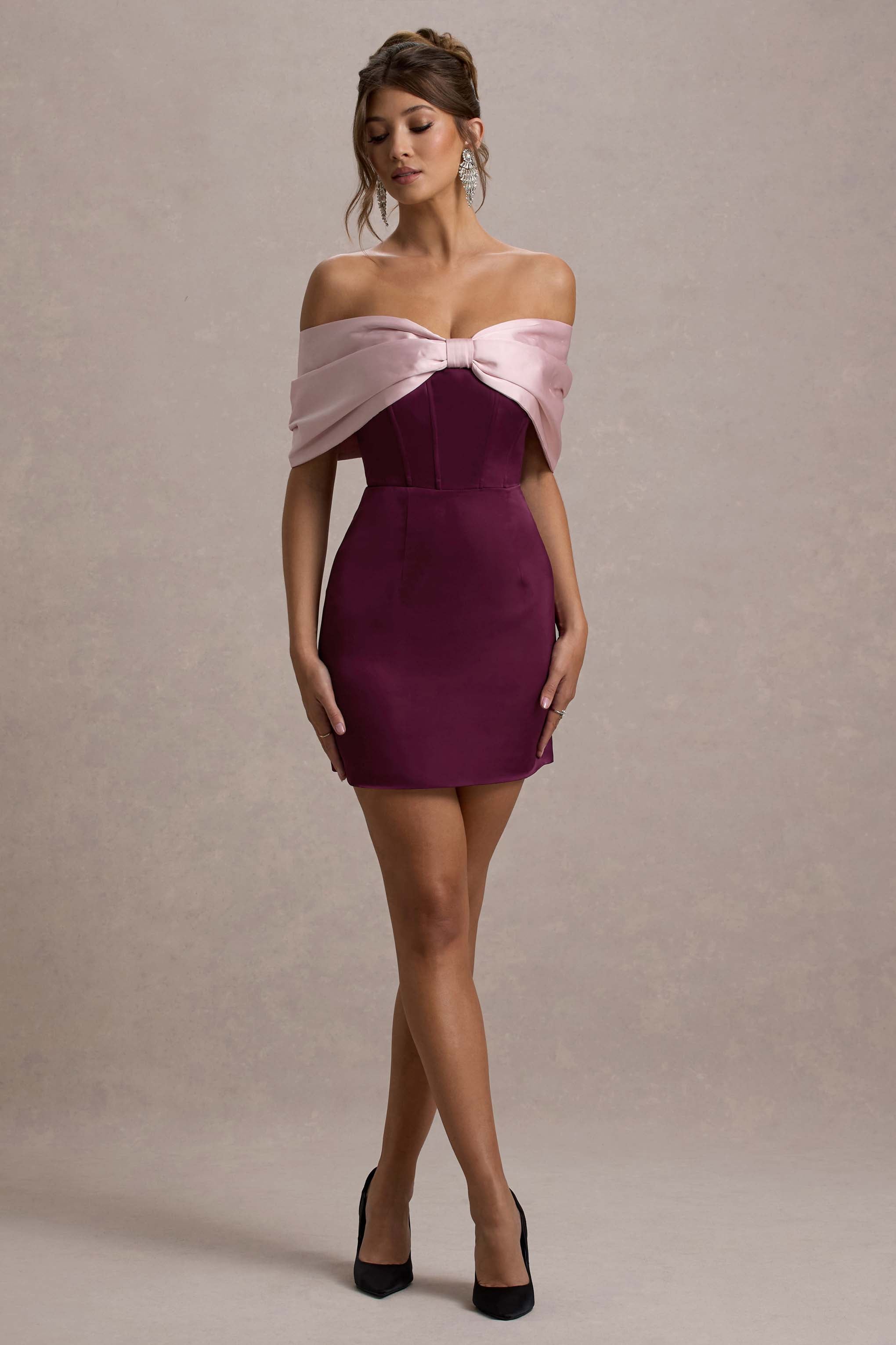 Linley | Bordo & Pembe Saten Fiyonk Bardot Mini Elbise