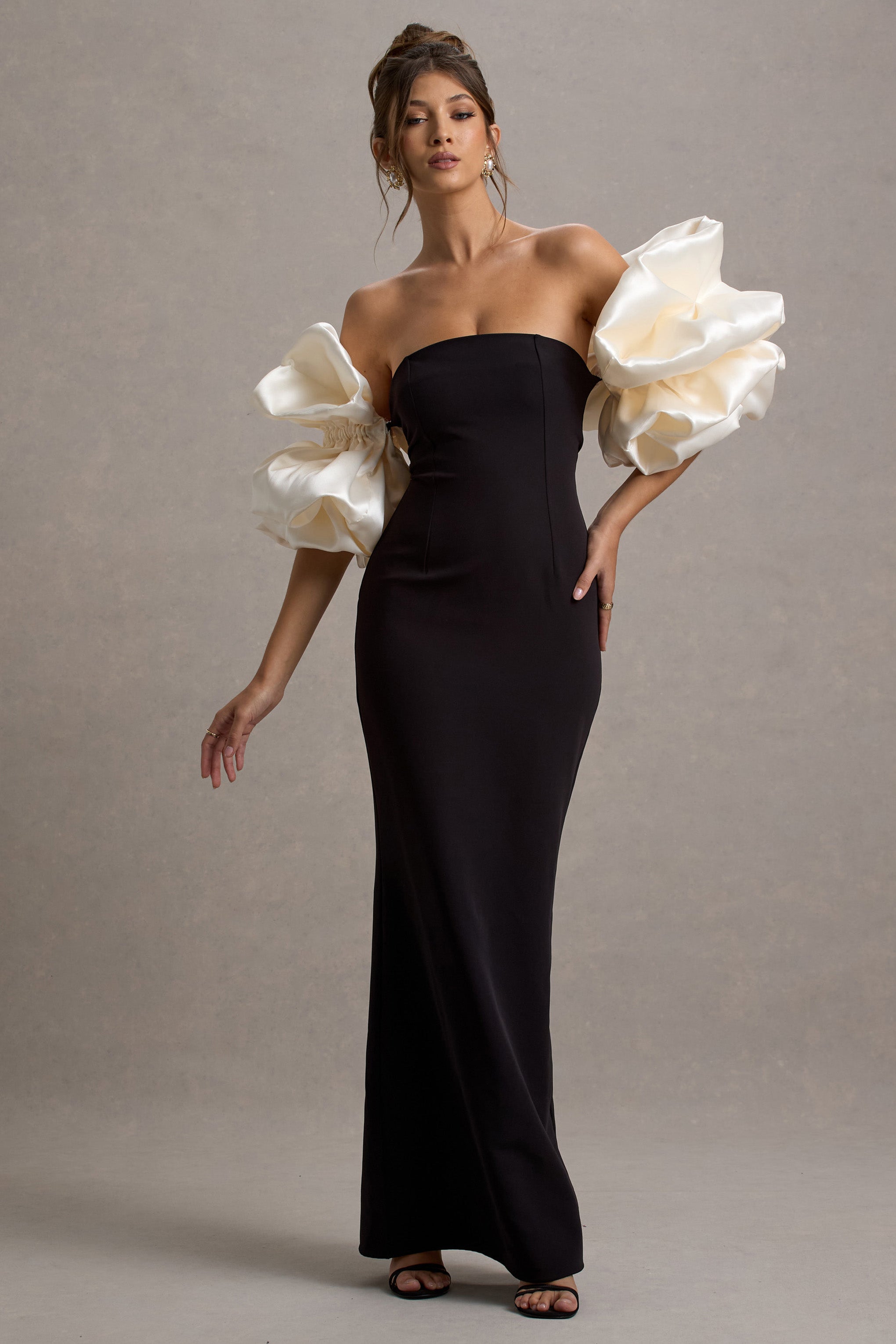 Evermore | Siyah & Krem Puf Kol Maxi Elbise