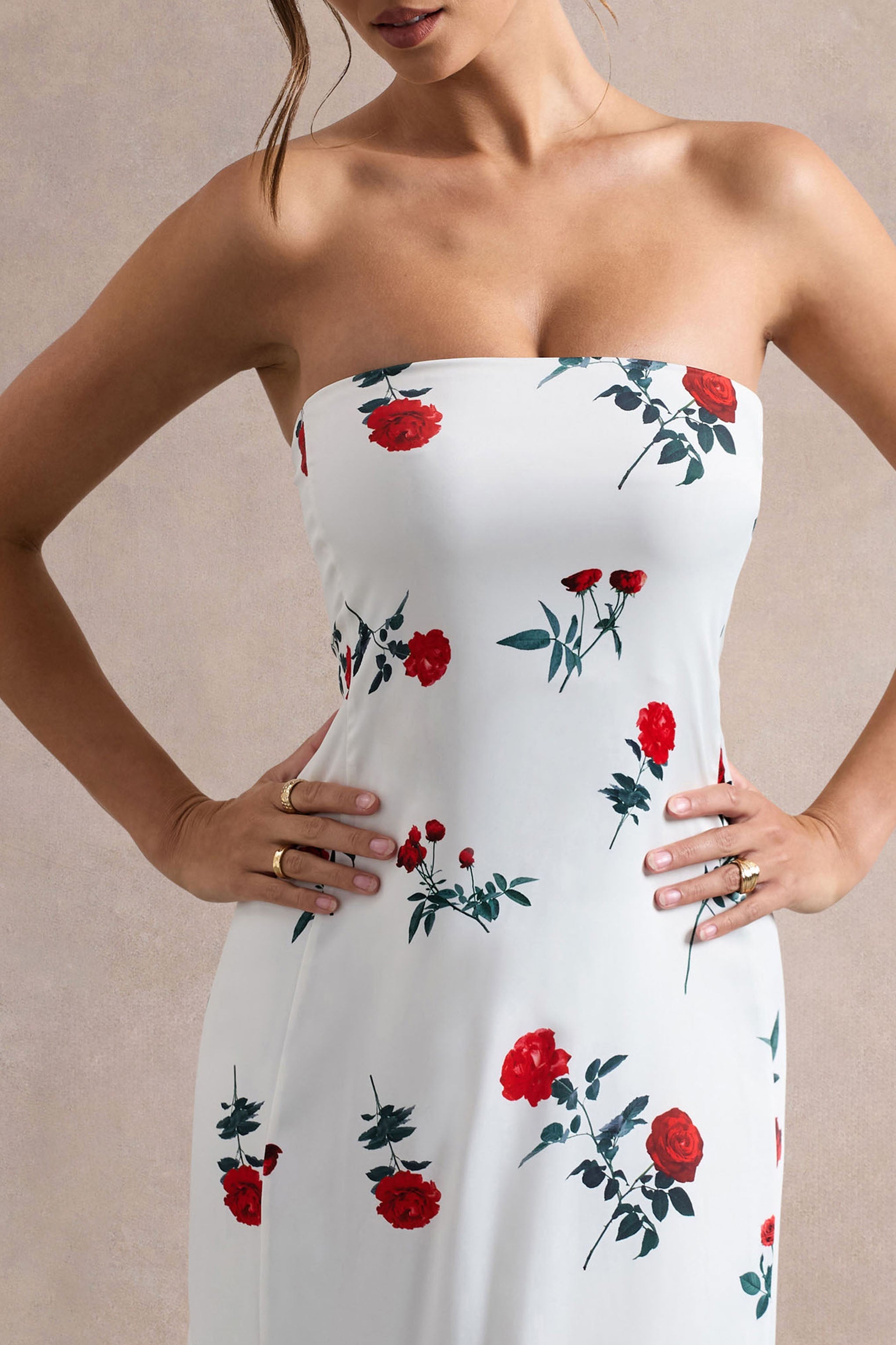 Azra | Gül Desenli Saten Bandeau Maxi Elbise