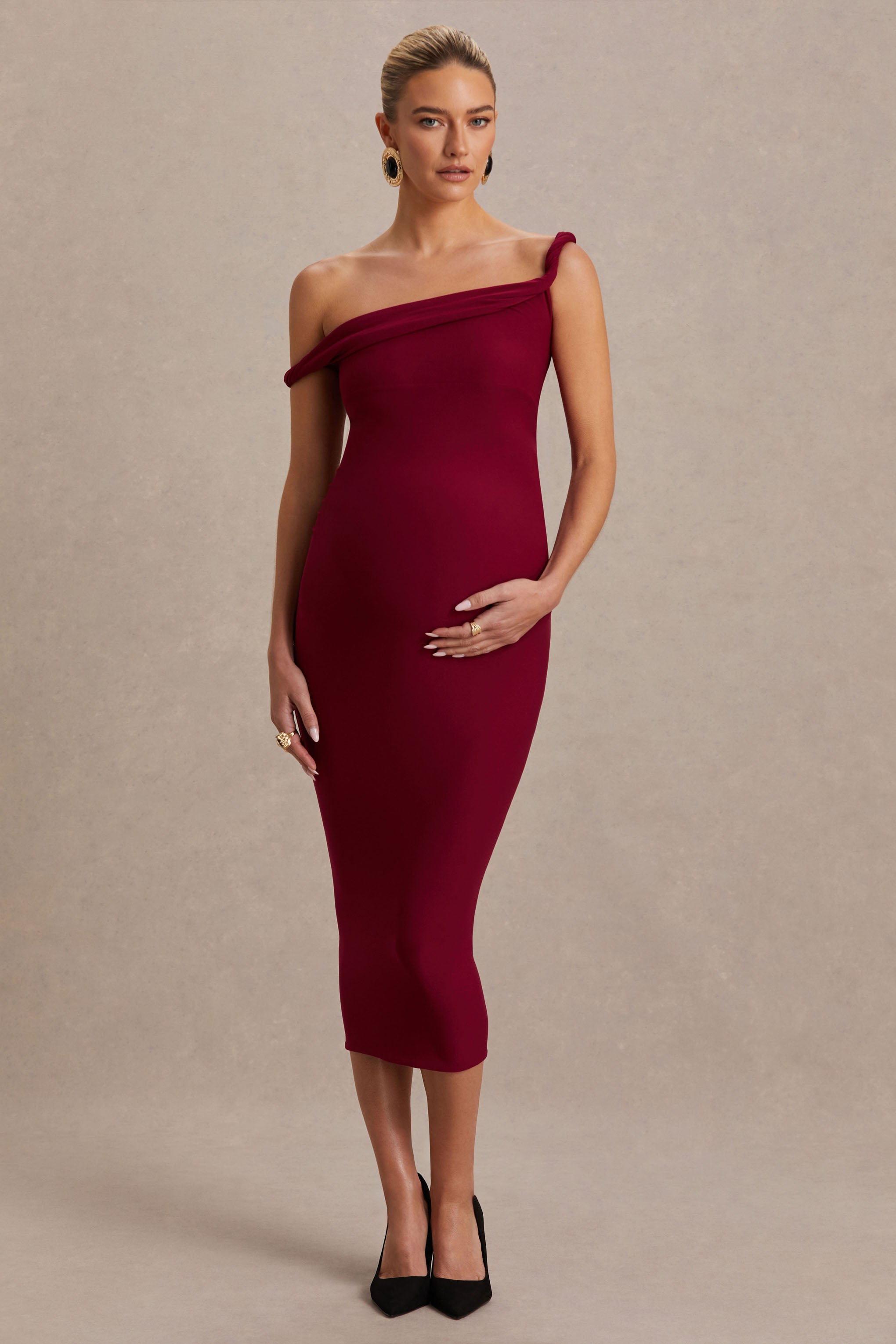 Salome | Bordo Kıvrımlı Asimetrik Hamile Midi Elbise