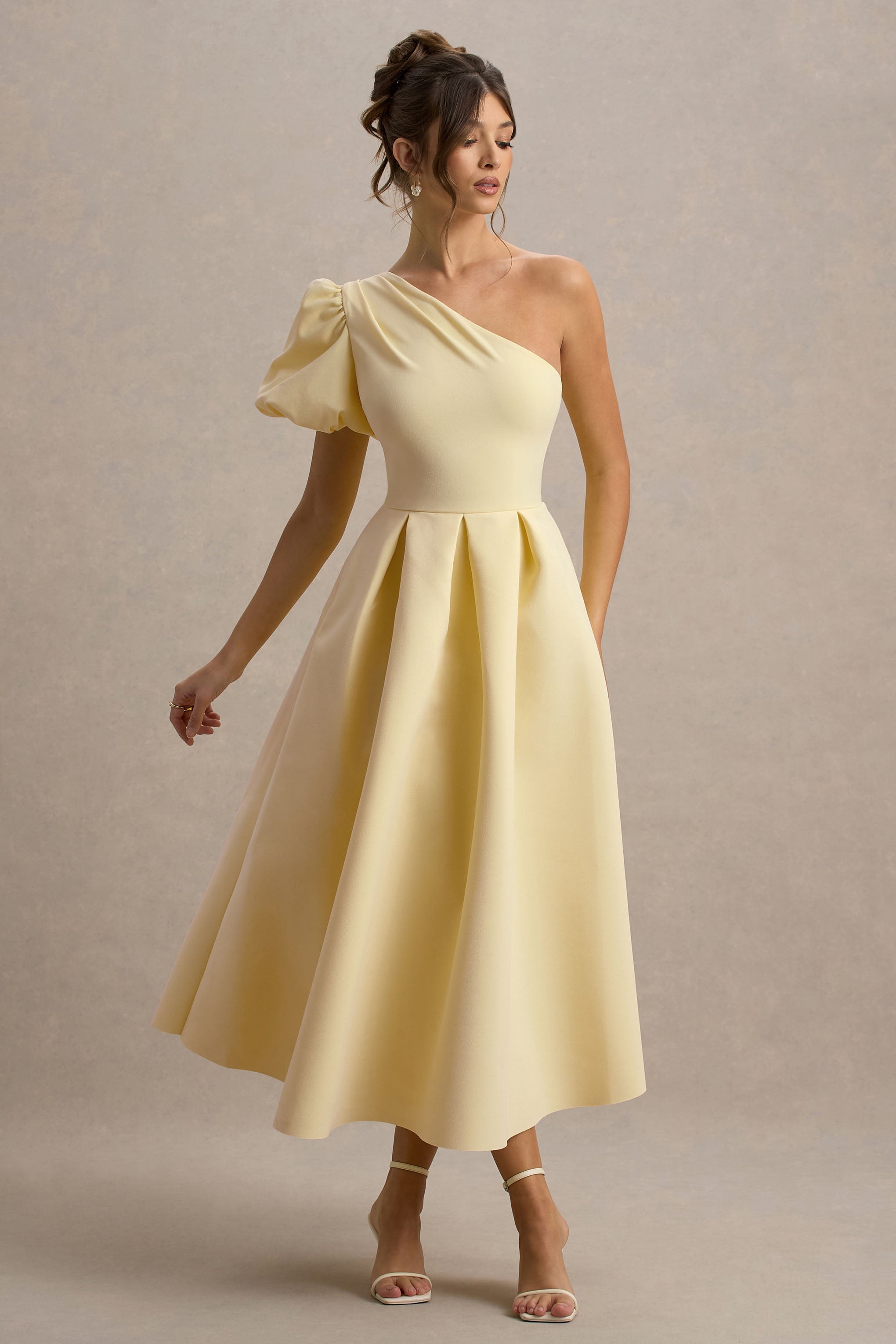 Rochelle | Soluk Limon Asimetrik Puff-Sleeve Midi Elbise