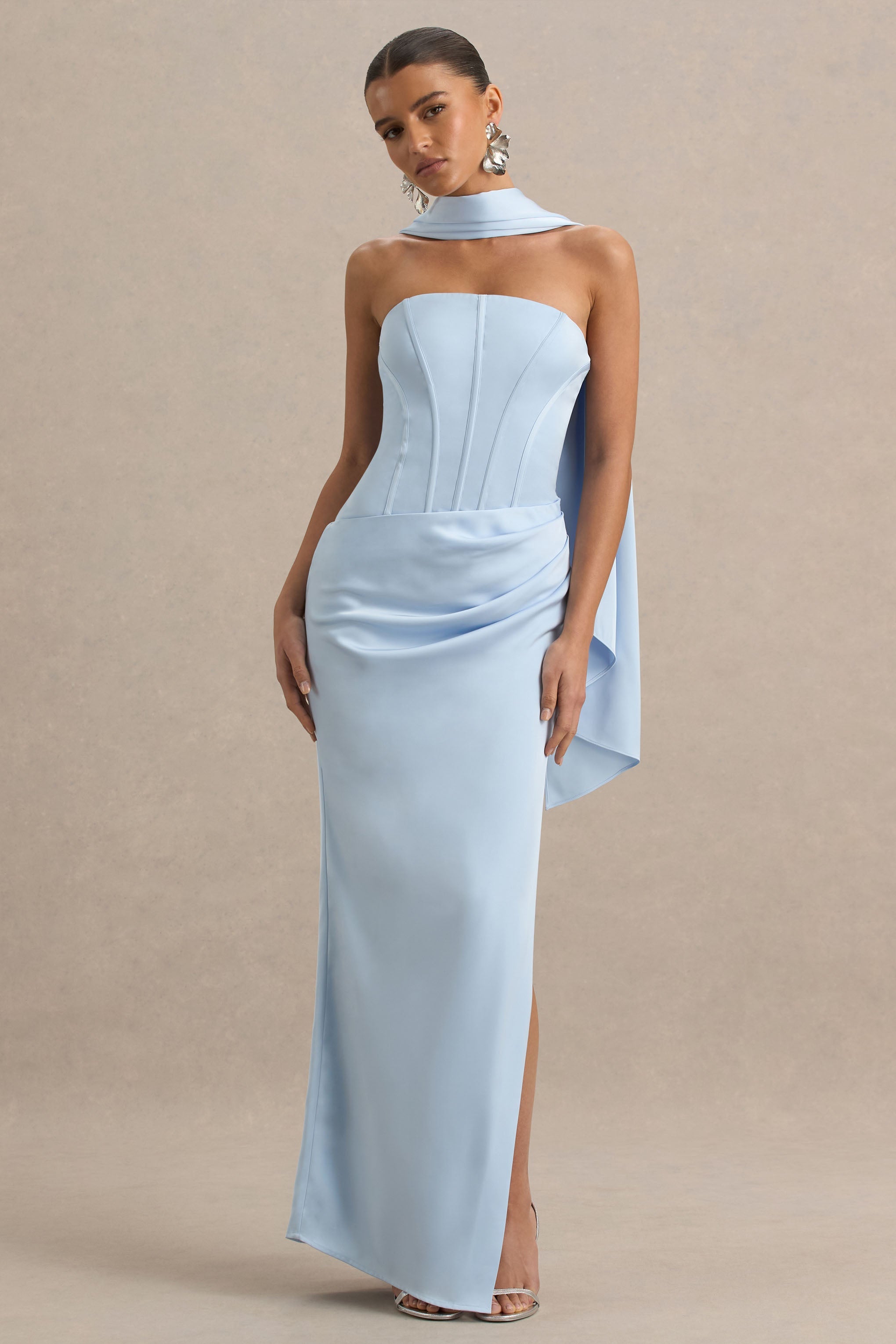 Joseline | Toz Mavi Saten Korse Sarma Maxi Elbise Fular ile