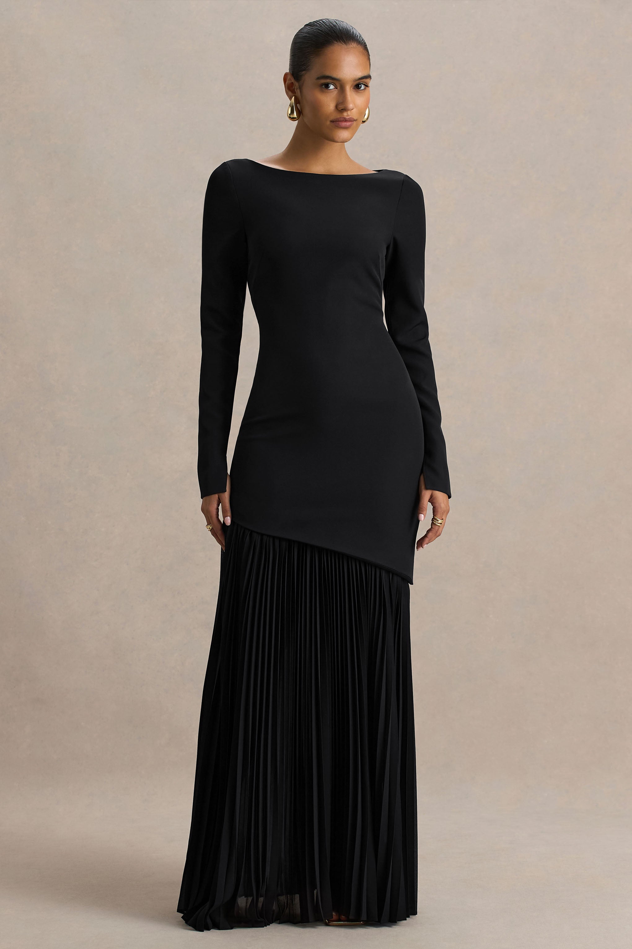 Yanira | Siyah Krepe ve Jorjet Crew-Neck Maxi Elbise ile Düşük Bel