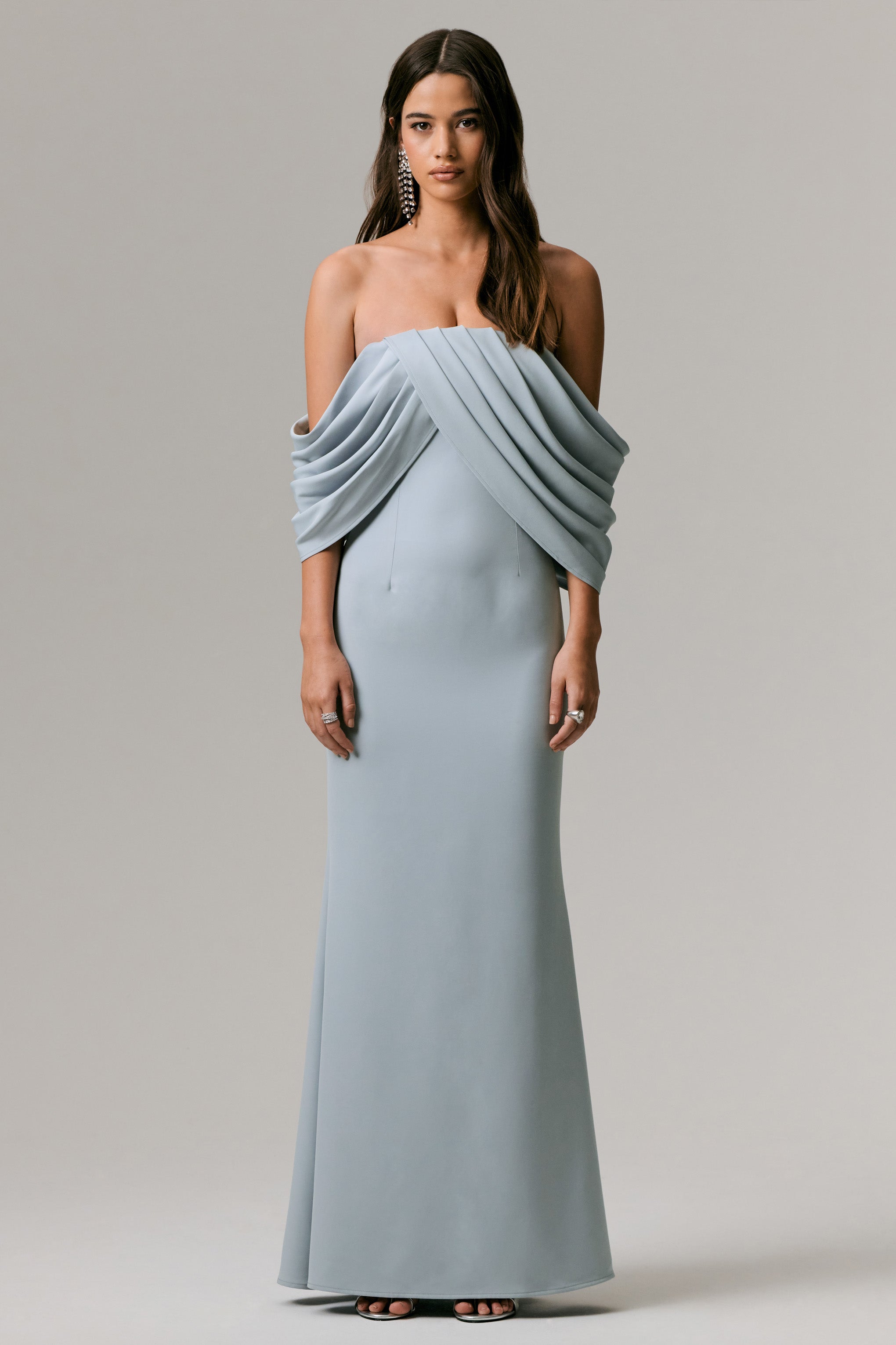 Serene | Pudra Mavi Drapeli Bardot Maxi Elbise