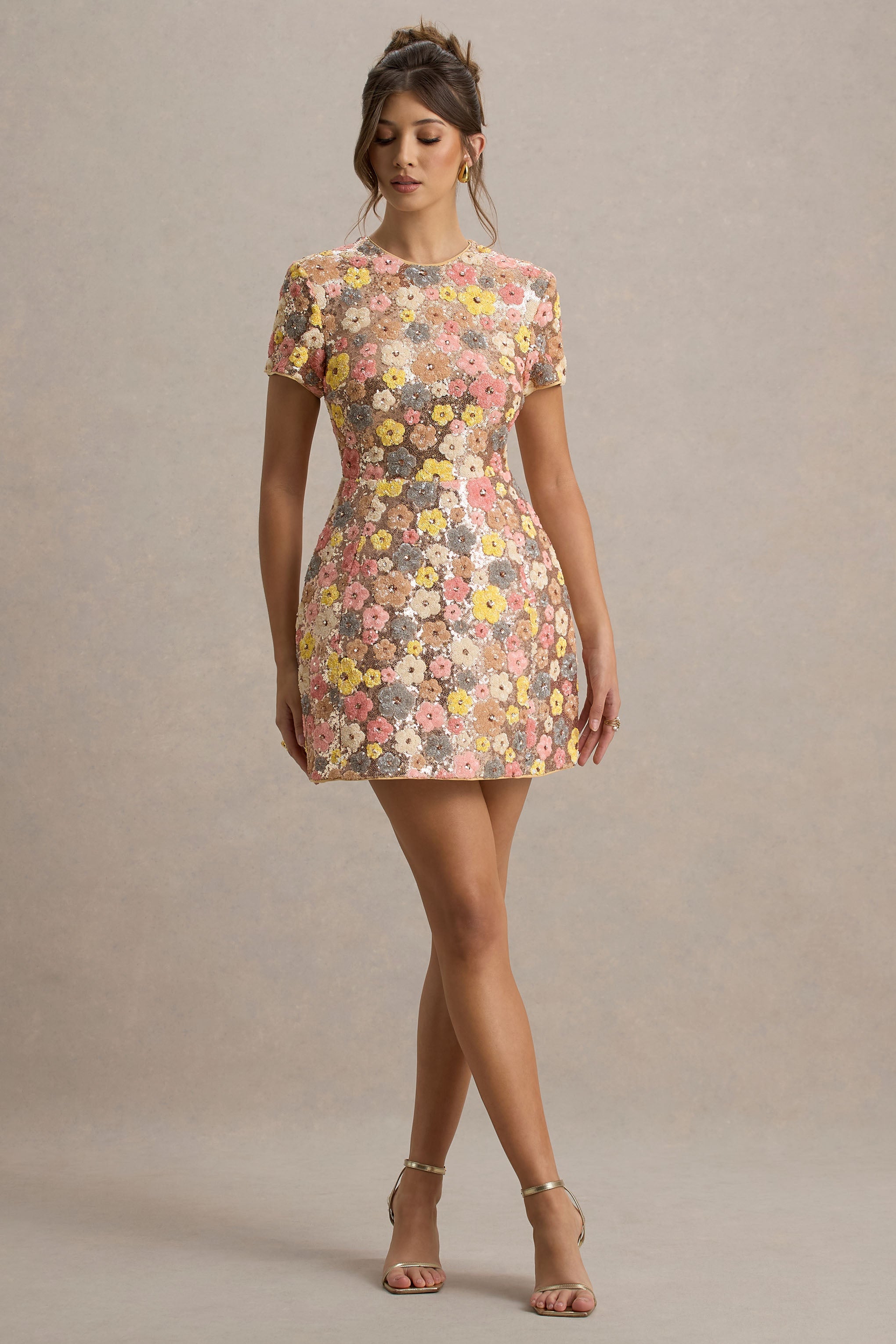 Eira | Pastel Çiçek Desenli Payetli Mini Elbise