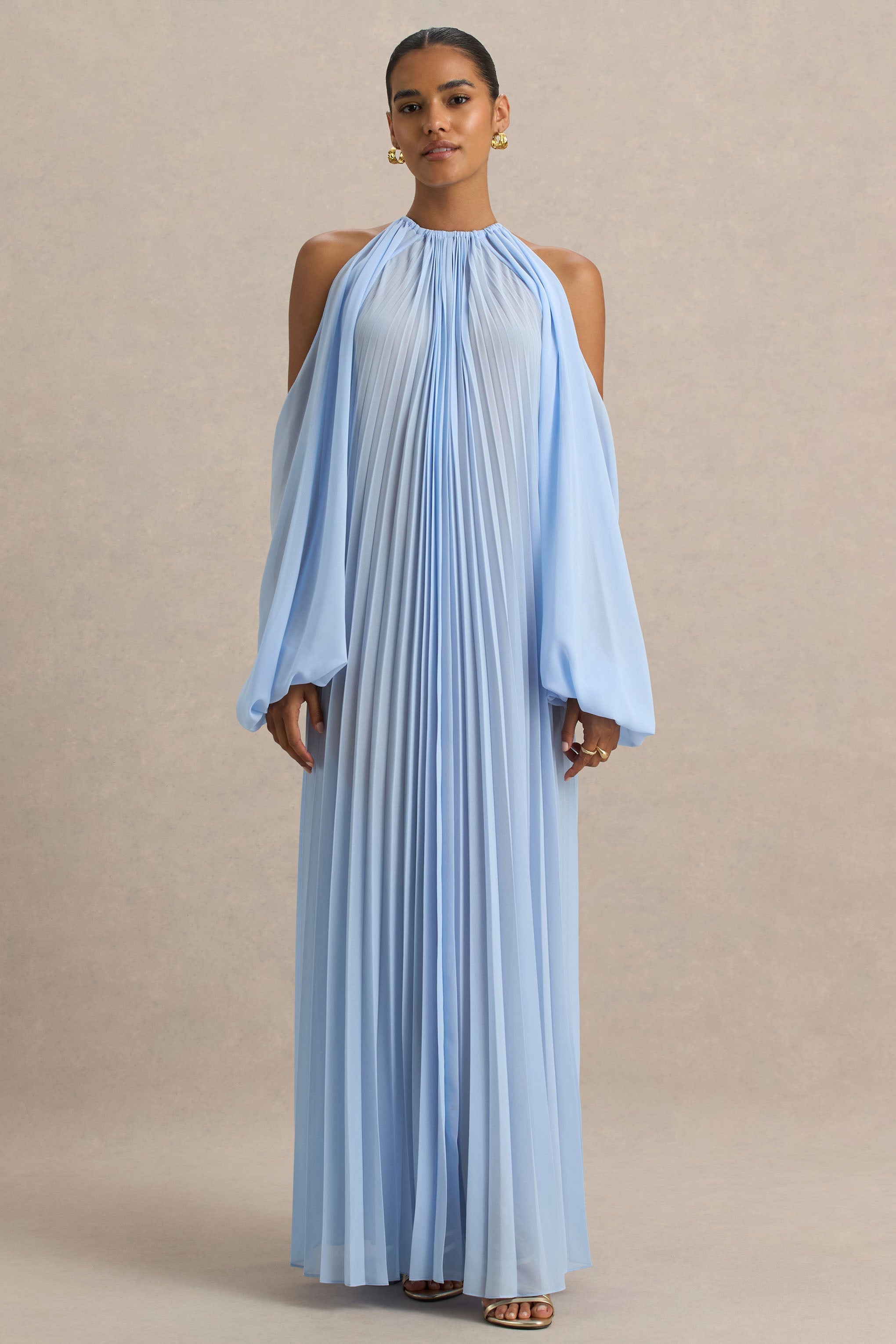 Reyna | Pudra Mavisi Plise Chiffon Soğuk Omuzlu Maxi Elbise