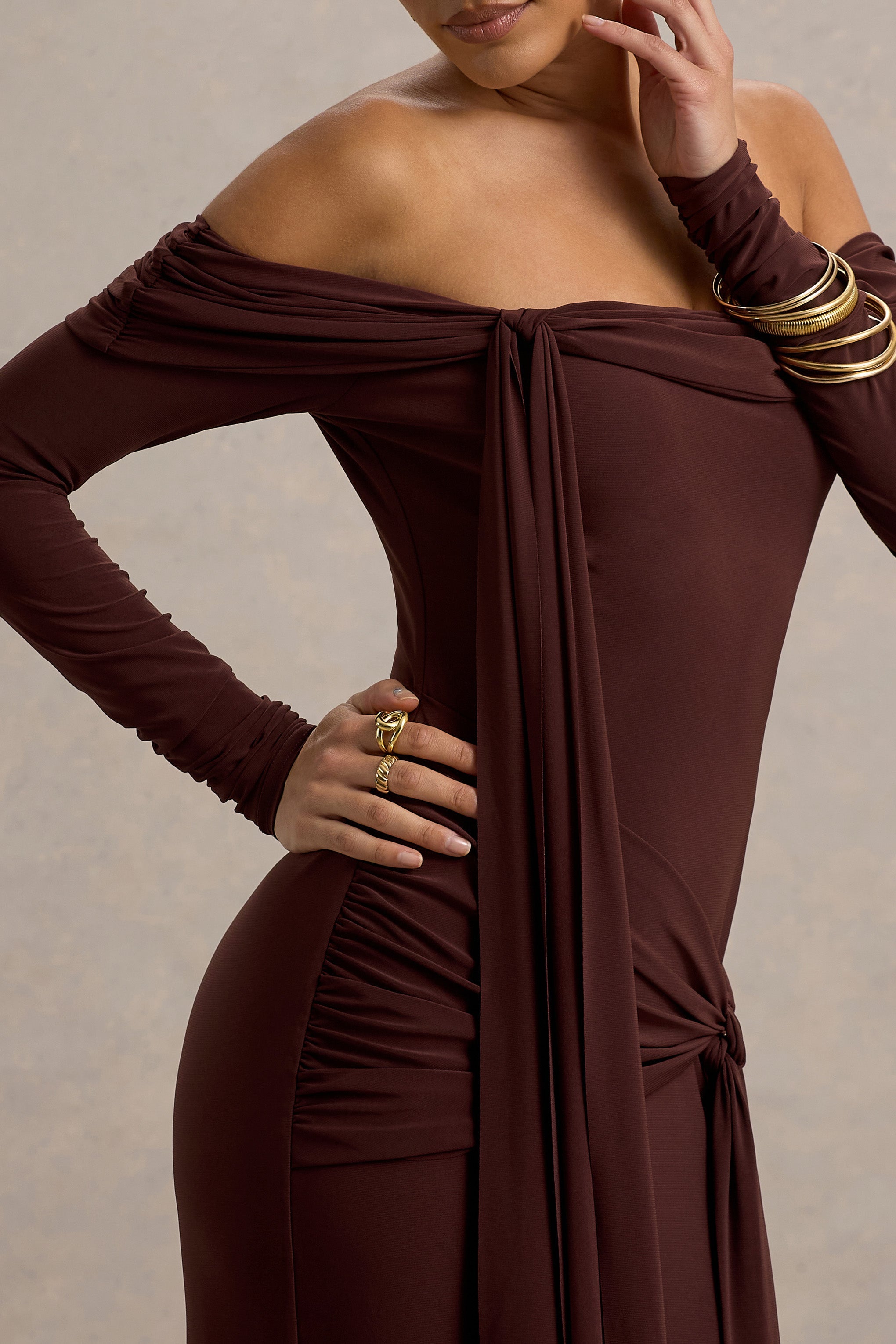 Jovie | Sash Detaylı Kahverengi Bardot Sarma Maxi Elbise