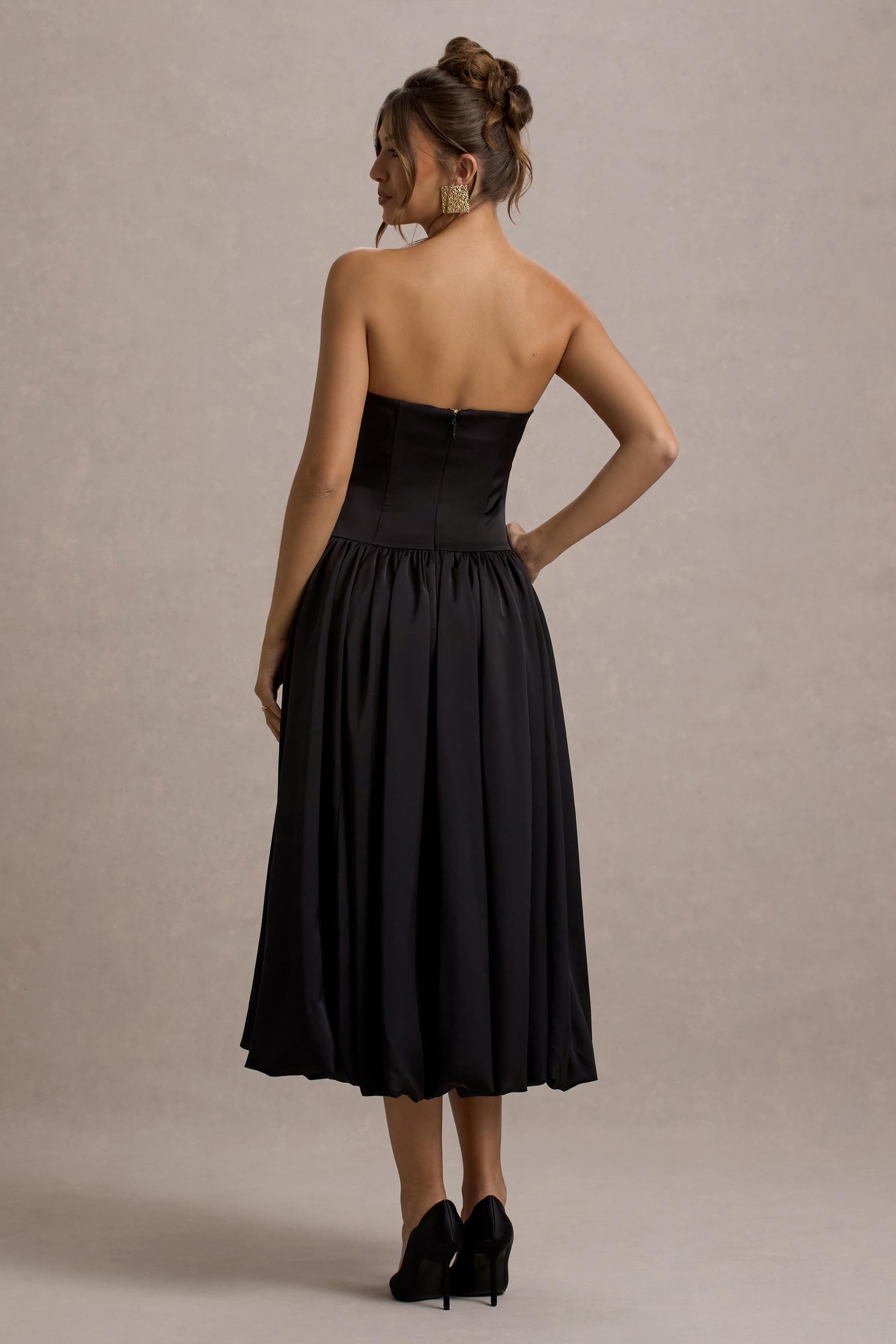 Keyton | Siyah Saten Bandeau Midi Elbise