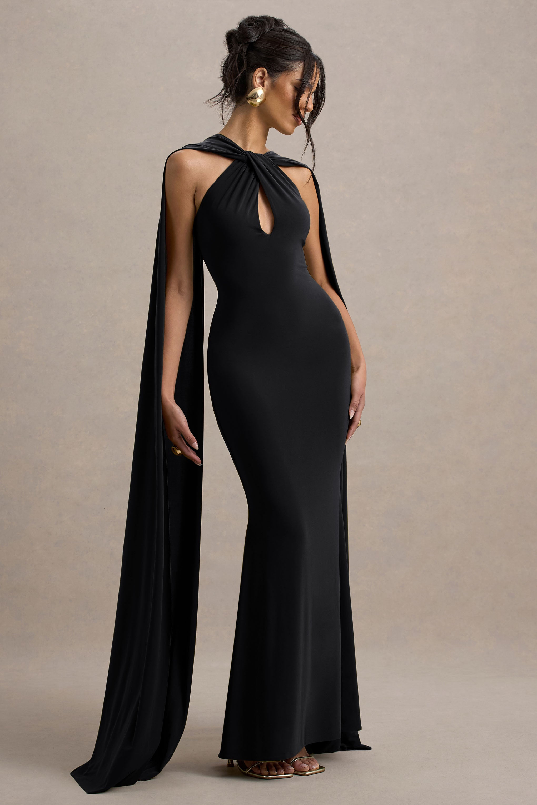 Rhoda | Siyah Dönme Halter Yaka Maxi Elbise
