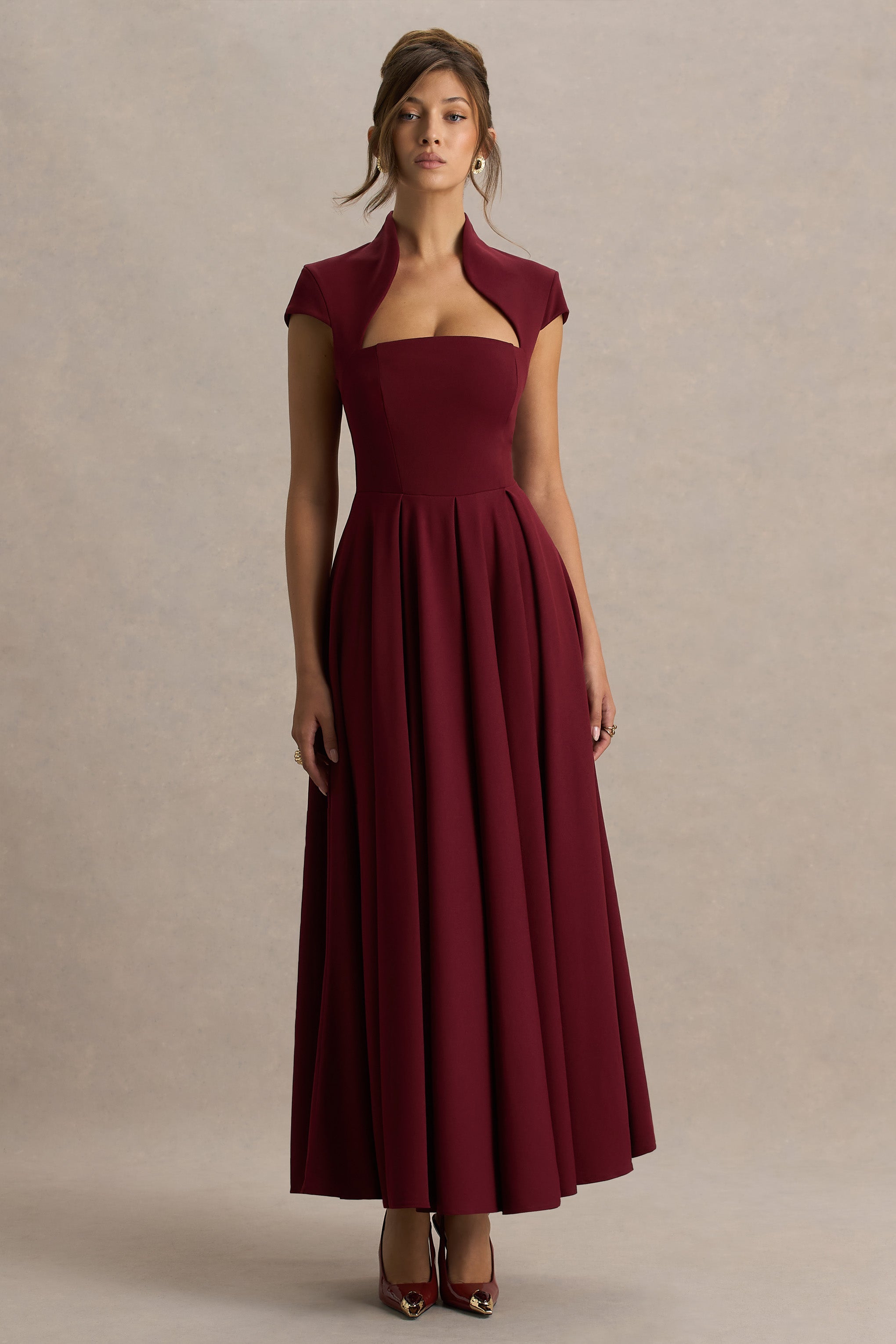 Scarlett | Bordo Asimetrik Yaka Maxi Elbise