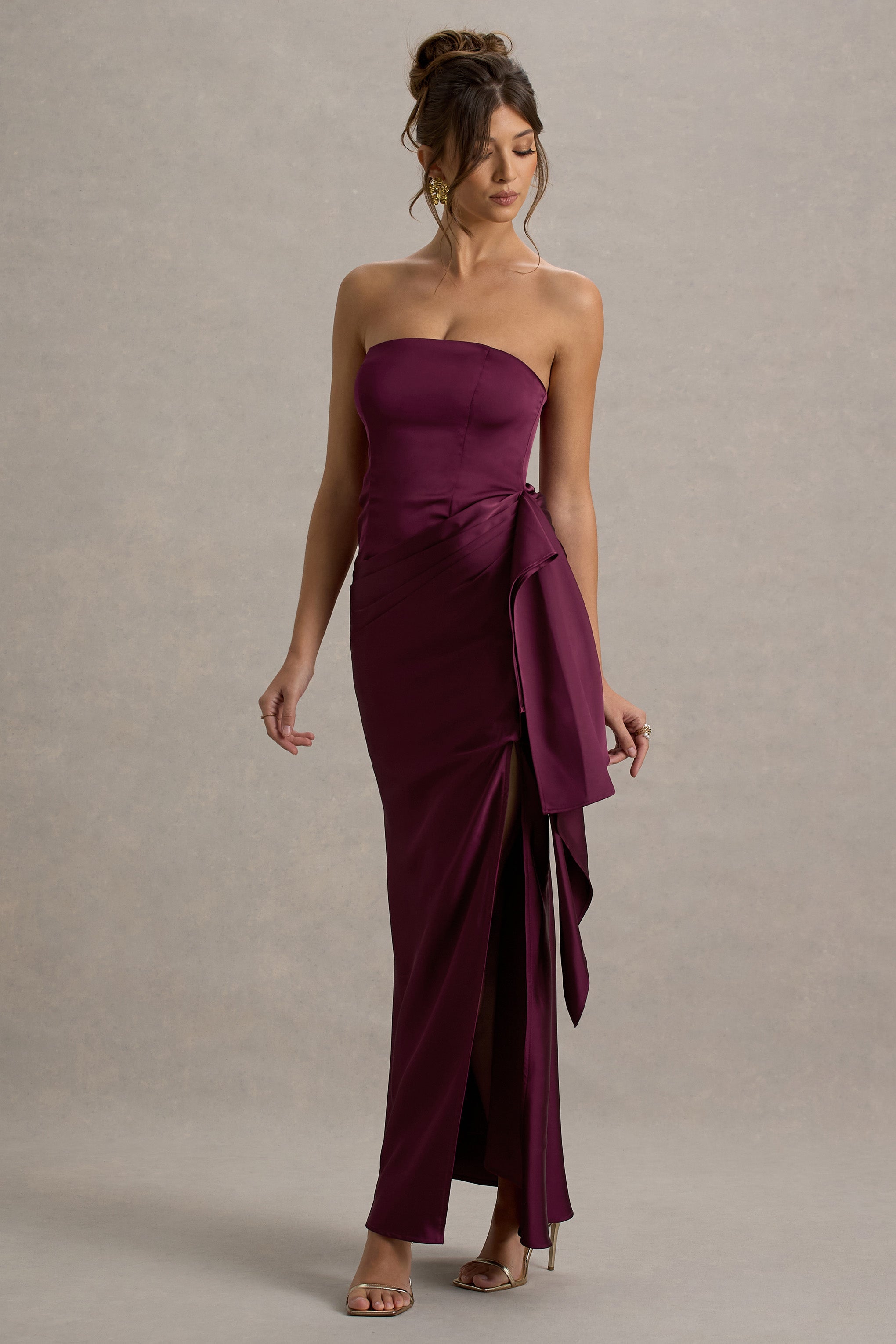Loz | Bordo Saten Bandeau Drapeli Maxi Elbise