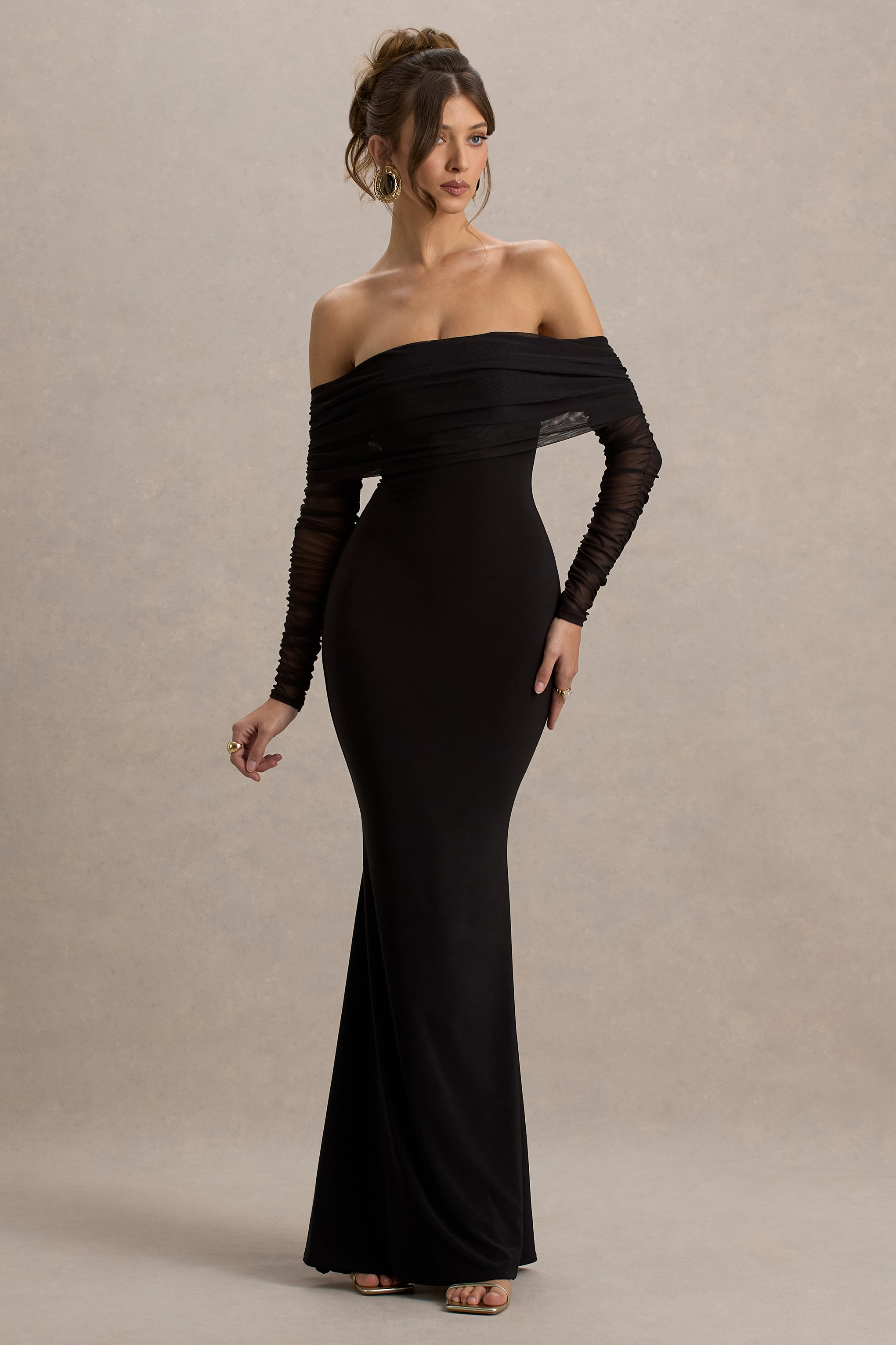 Madeleine | Siyah Fishtail Maxi Elbise Bardot File Uzun Kollar