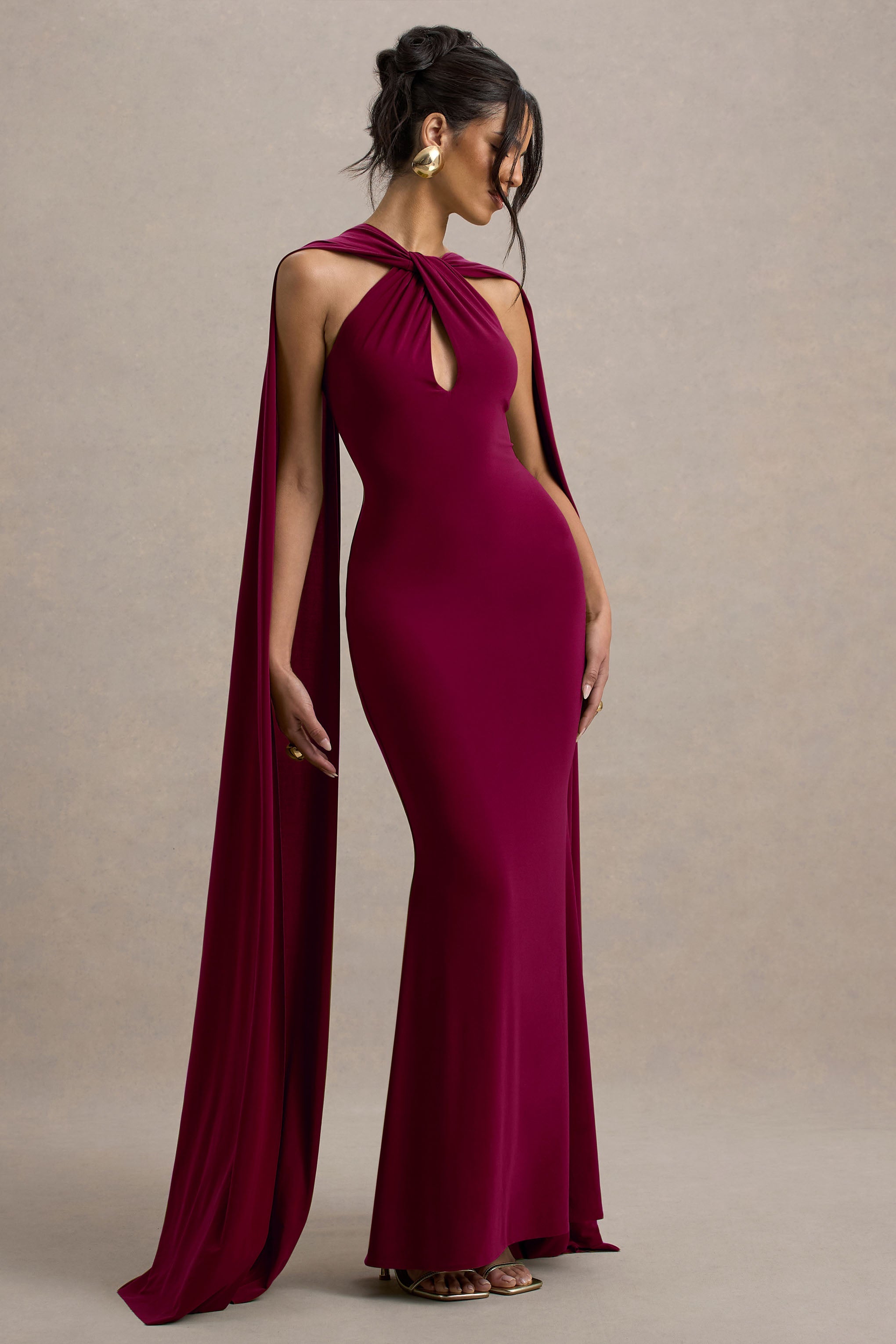 Rhoda | Burgonya Dönüş Halter Yaka Maxi Elbise