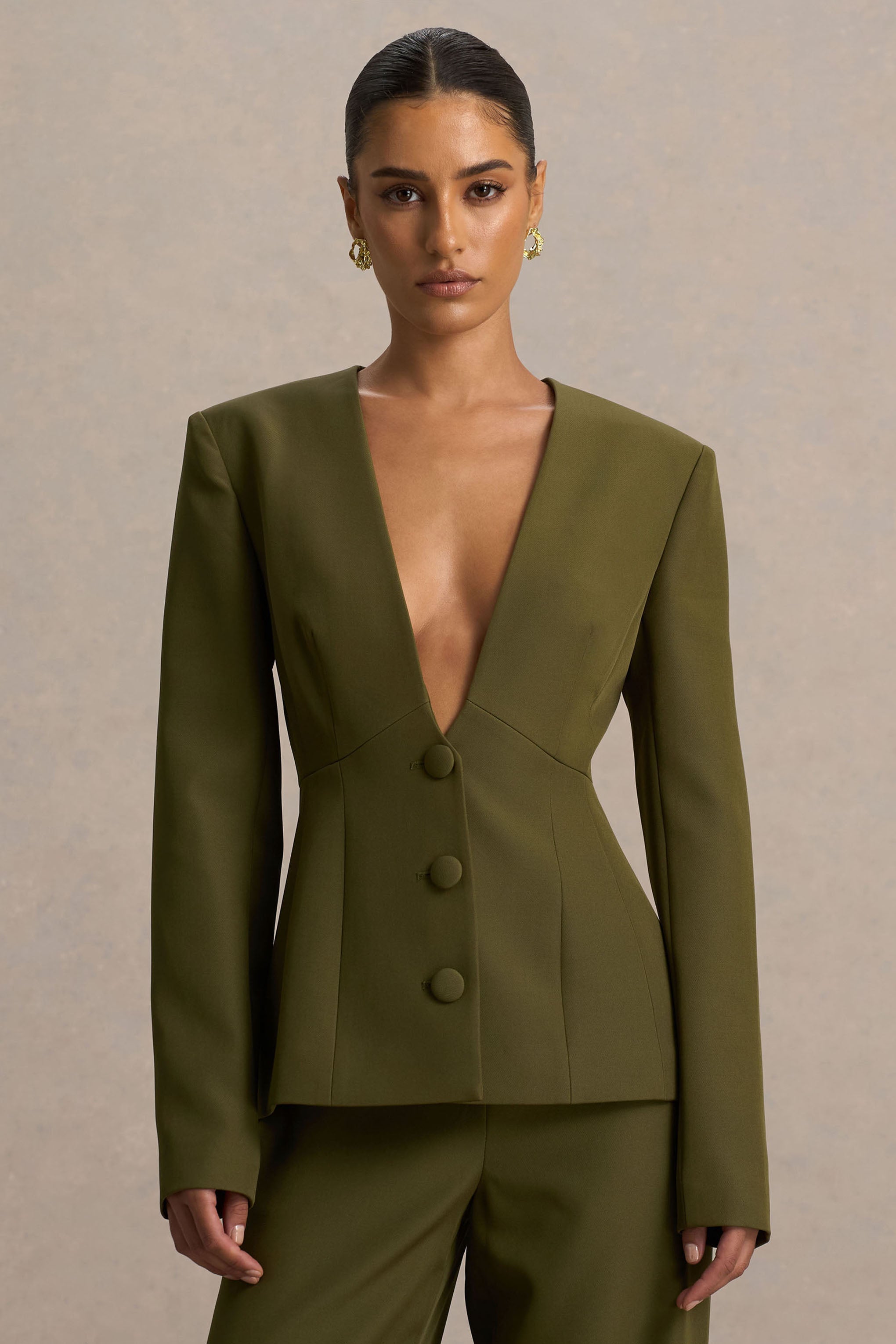 Rosalina | Zeytin Rengi Aşırı Derin Yaka Kesim Blazer