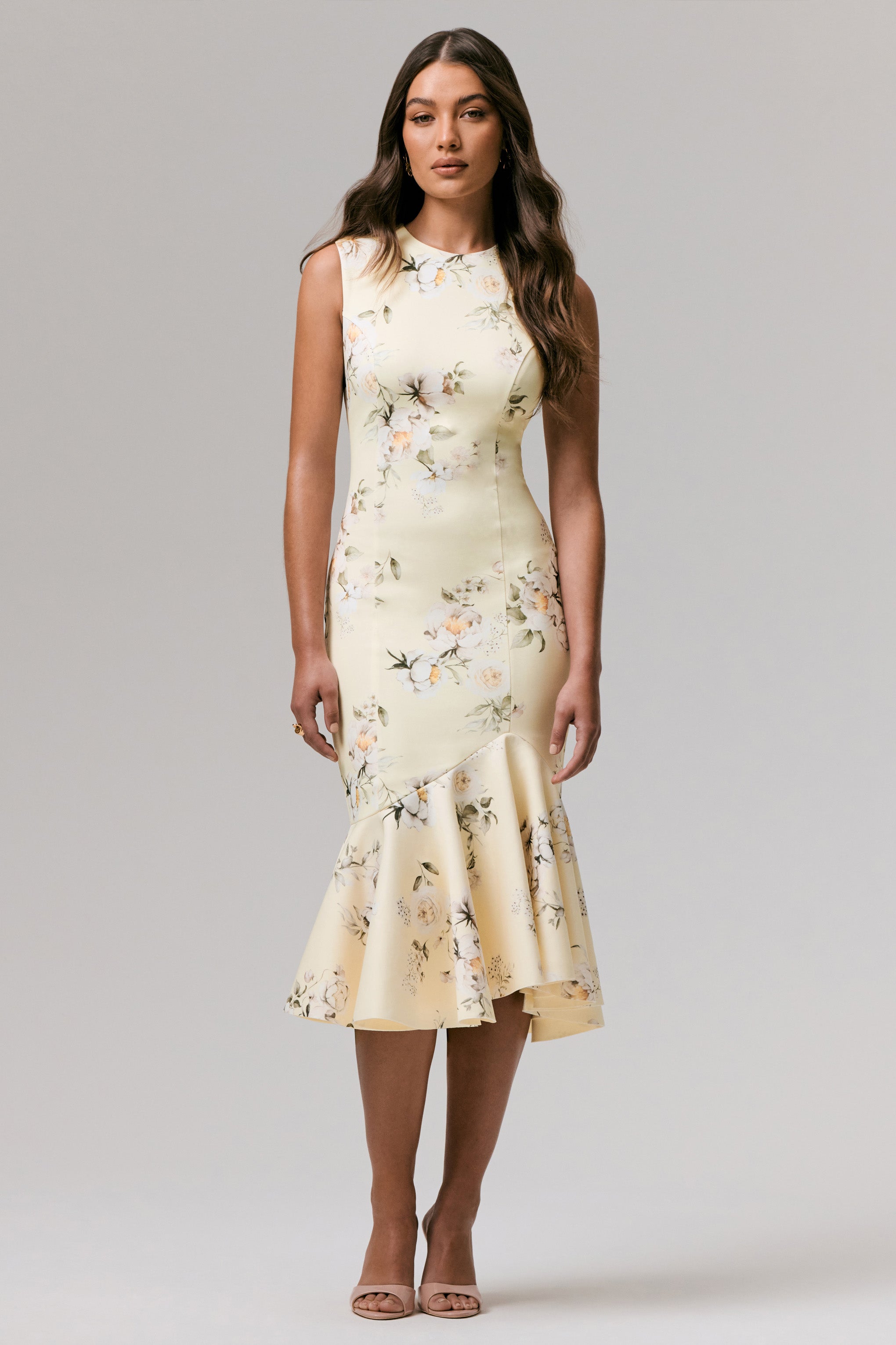 Değersiz | Limon Desenli Crew-Neck Fishtail Midi Elbise
