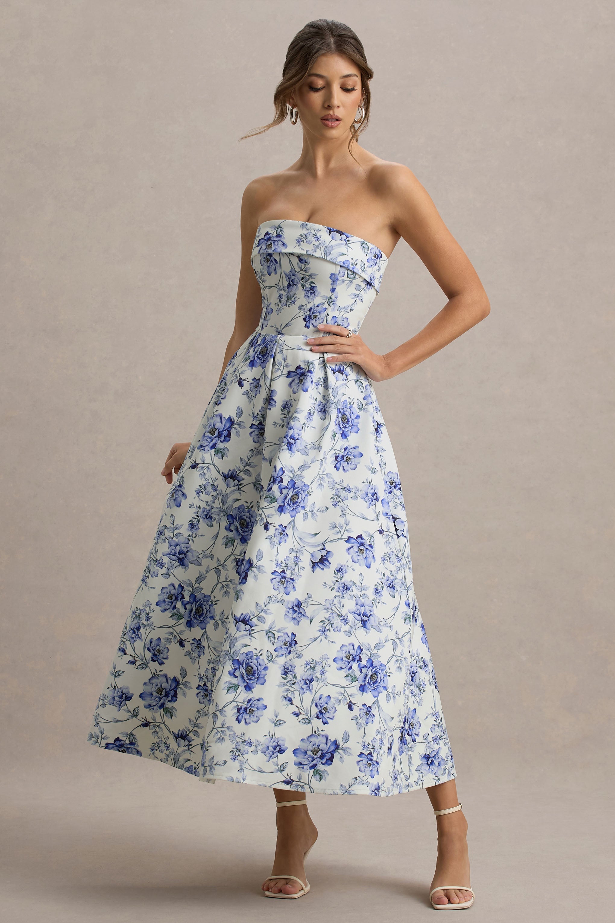 Annalise | Mavi Porselen Desenli Bandeau Midi Elbise