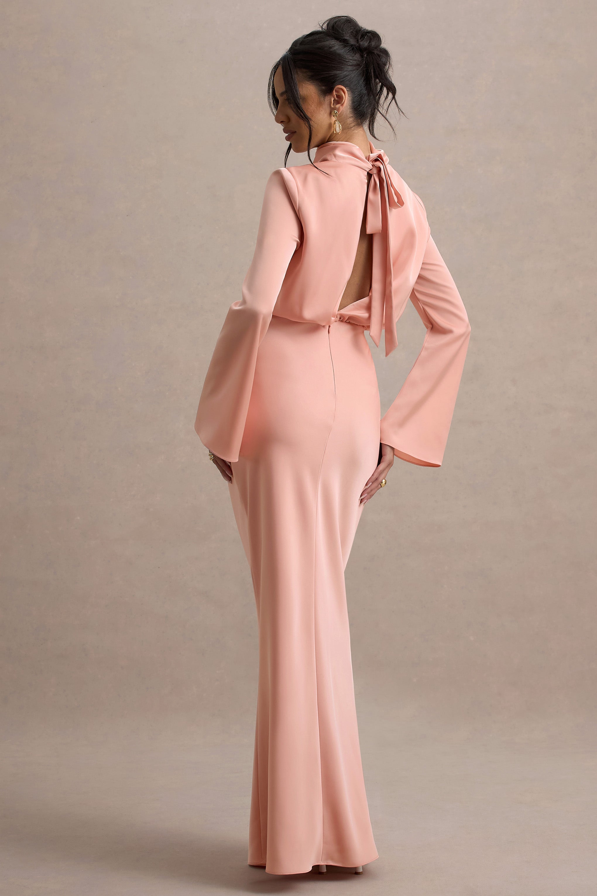 Celina | Açık Pembe Saten Yüksek Yaka Maxi Elbise