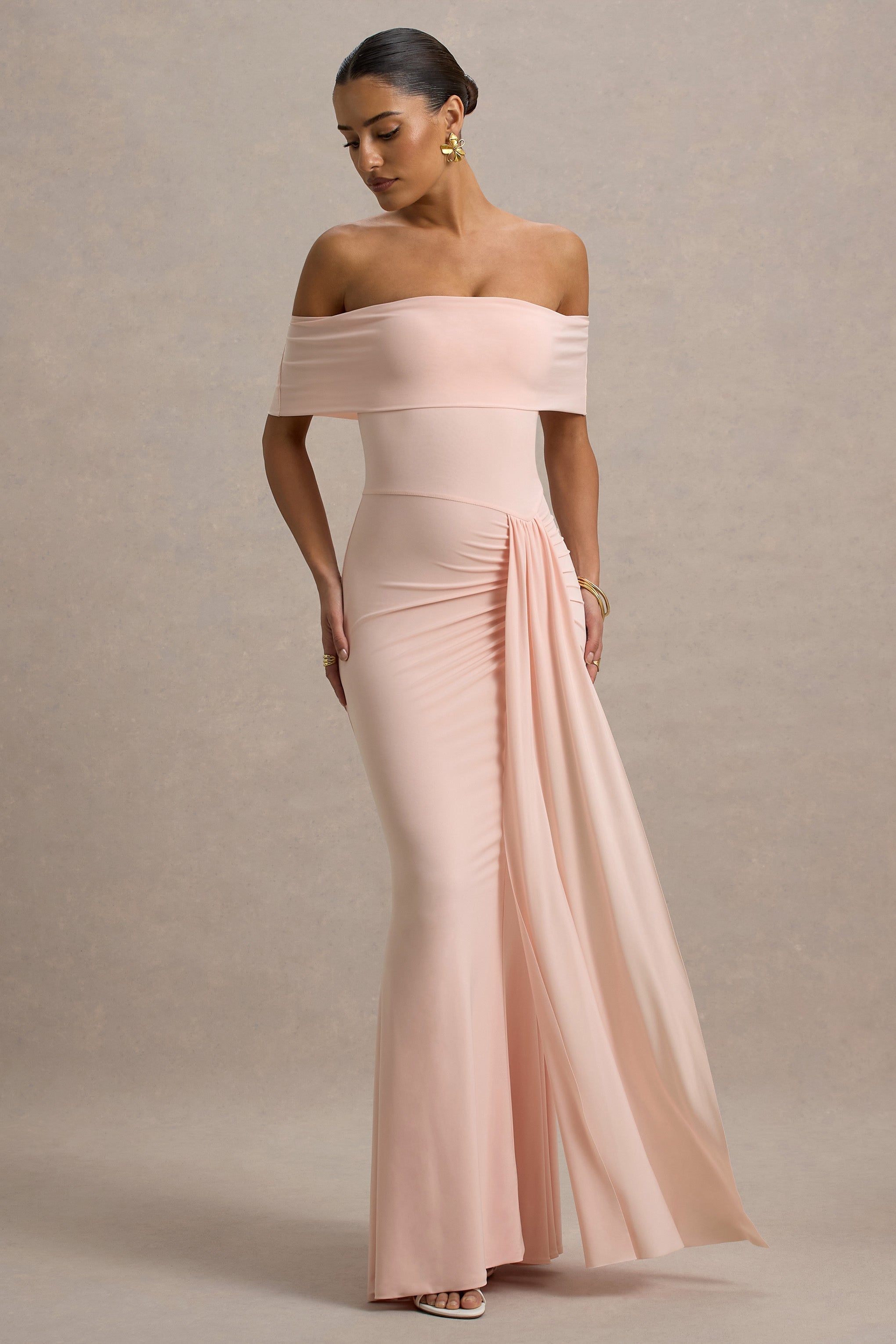 Delma | Drapeli Detaylı Pembe Bardot Maxi Elbise