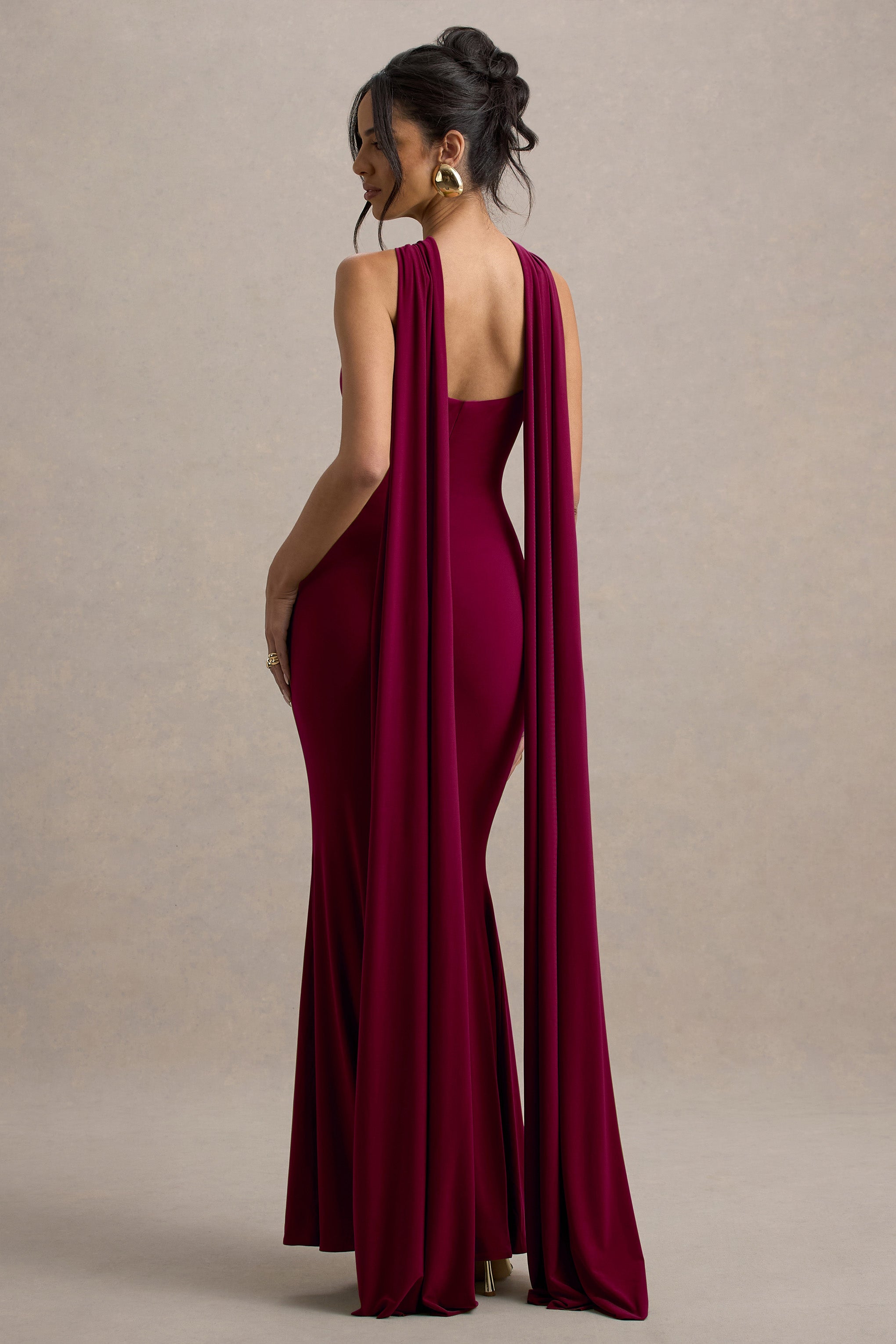 Rhoda | Burgonya Dönüş Halter Yaka Maxi Elbise