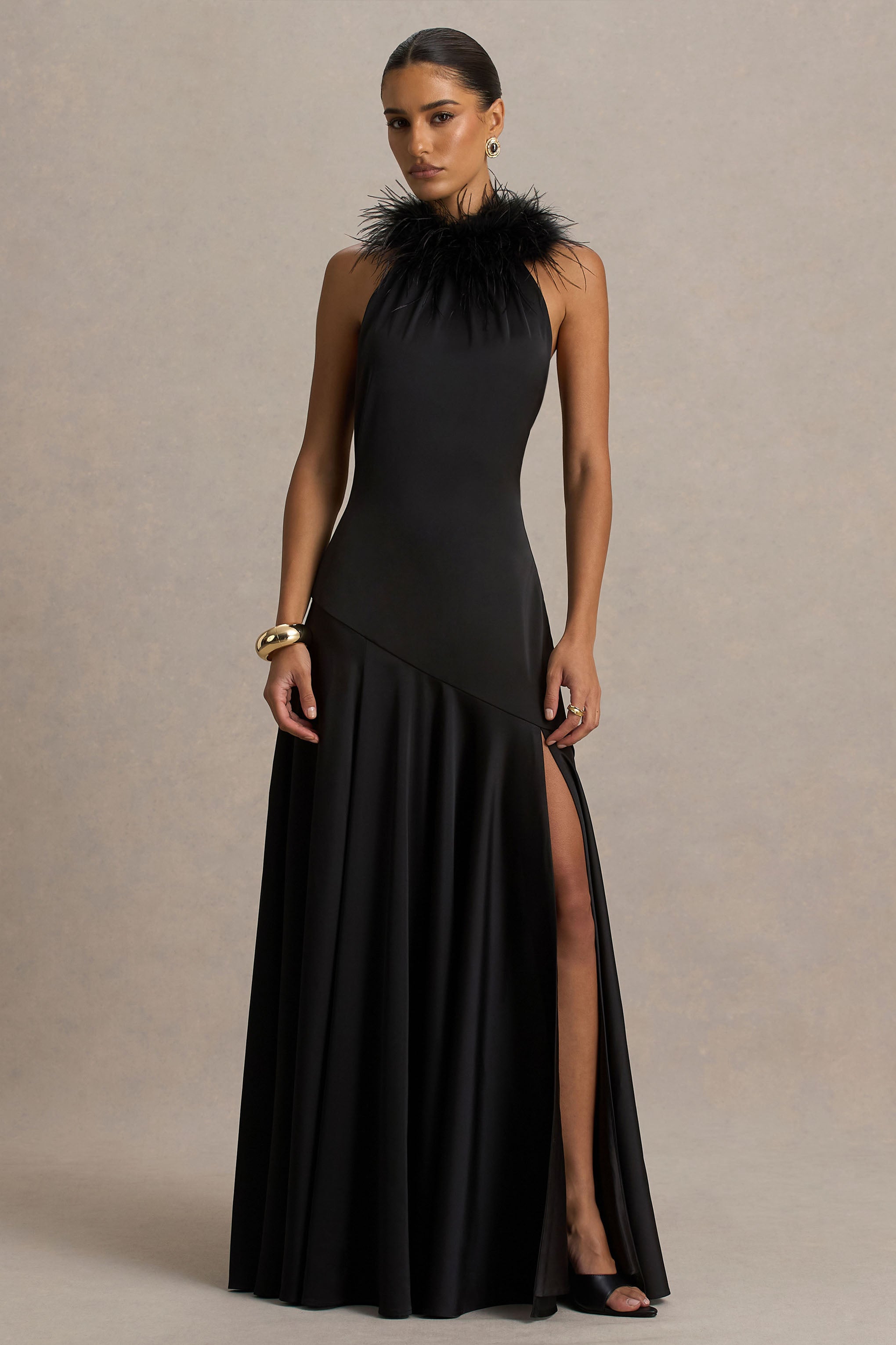 Jemima | Saten Halter Yaka Maxi Elbise Tüy Detaylı