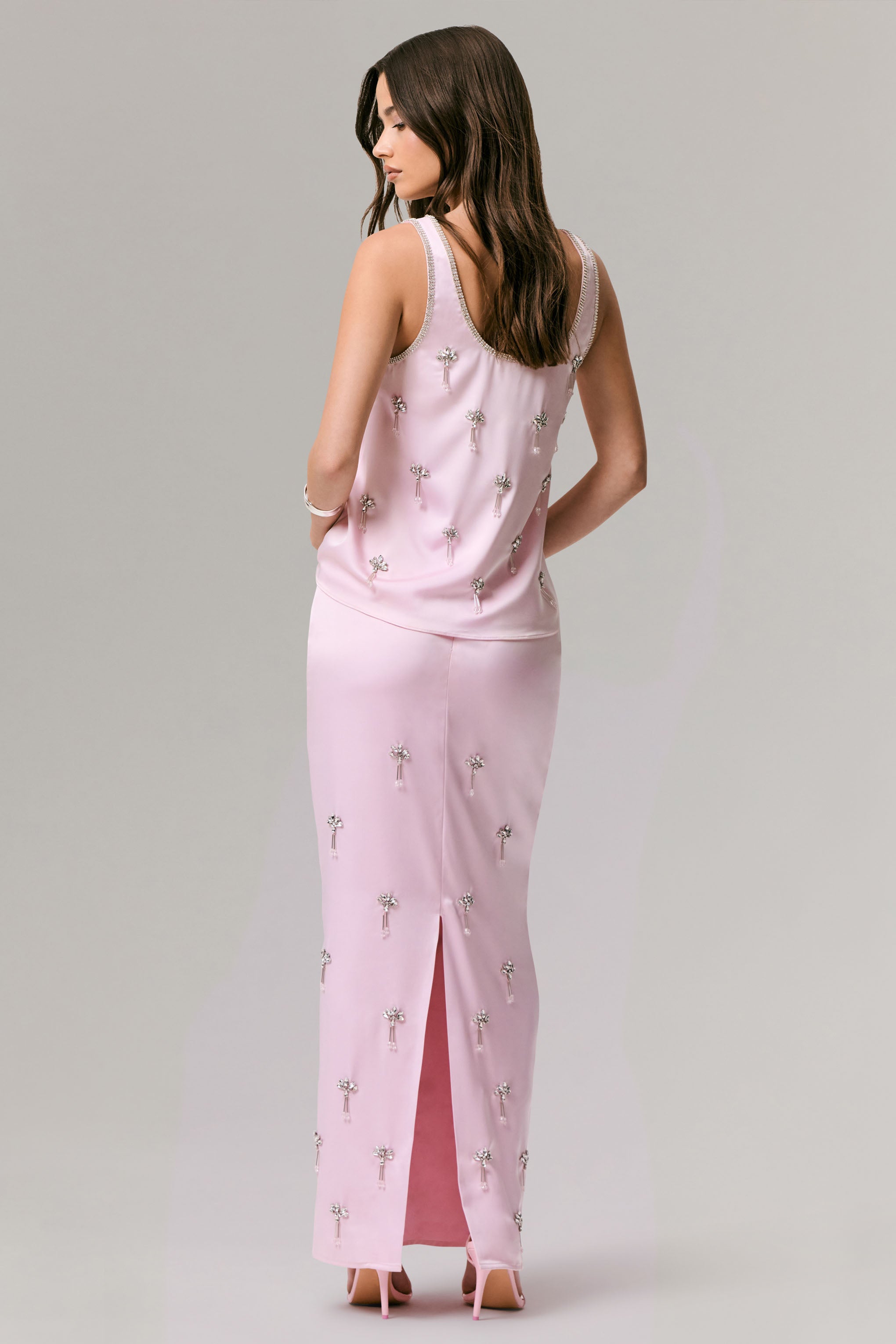 Lena | Pembe Saten Süslemeli Maxi Etek