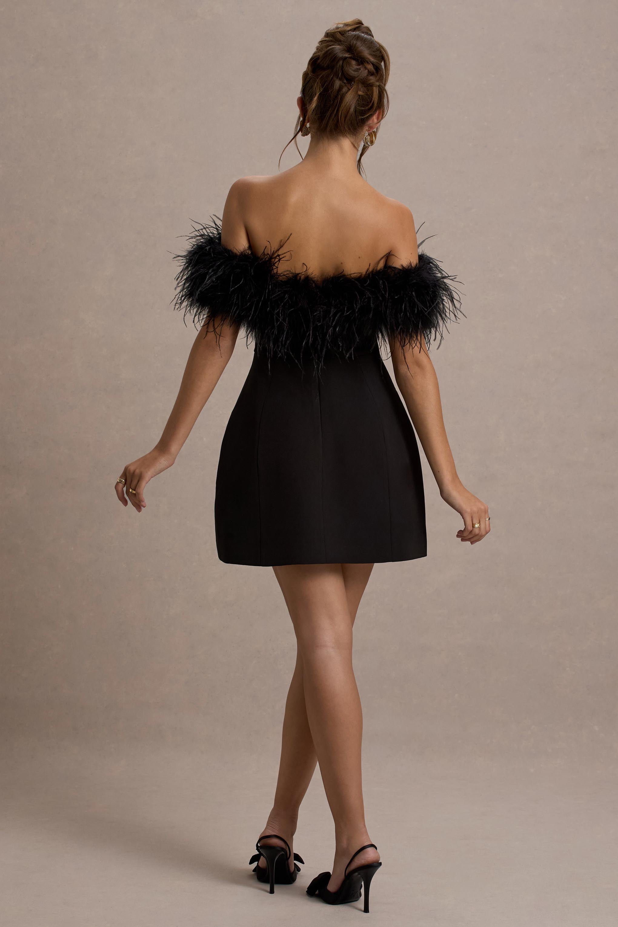 Palace | Siyah Bardot Mini Elbise Tüy Detaylı