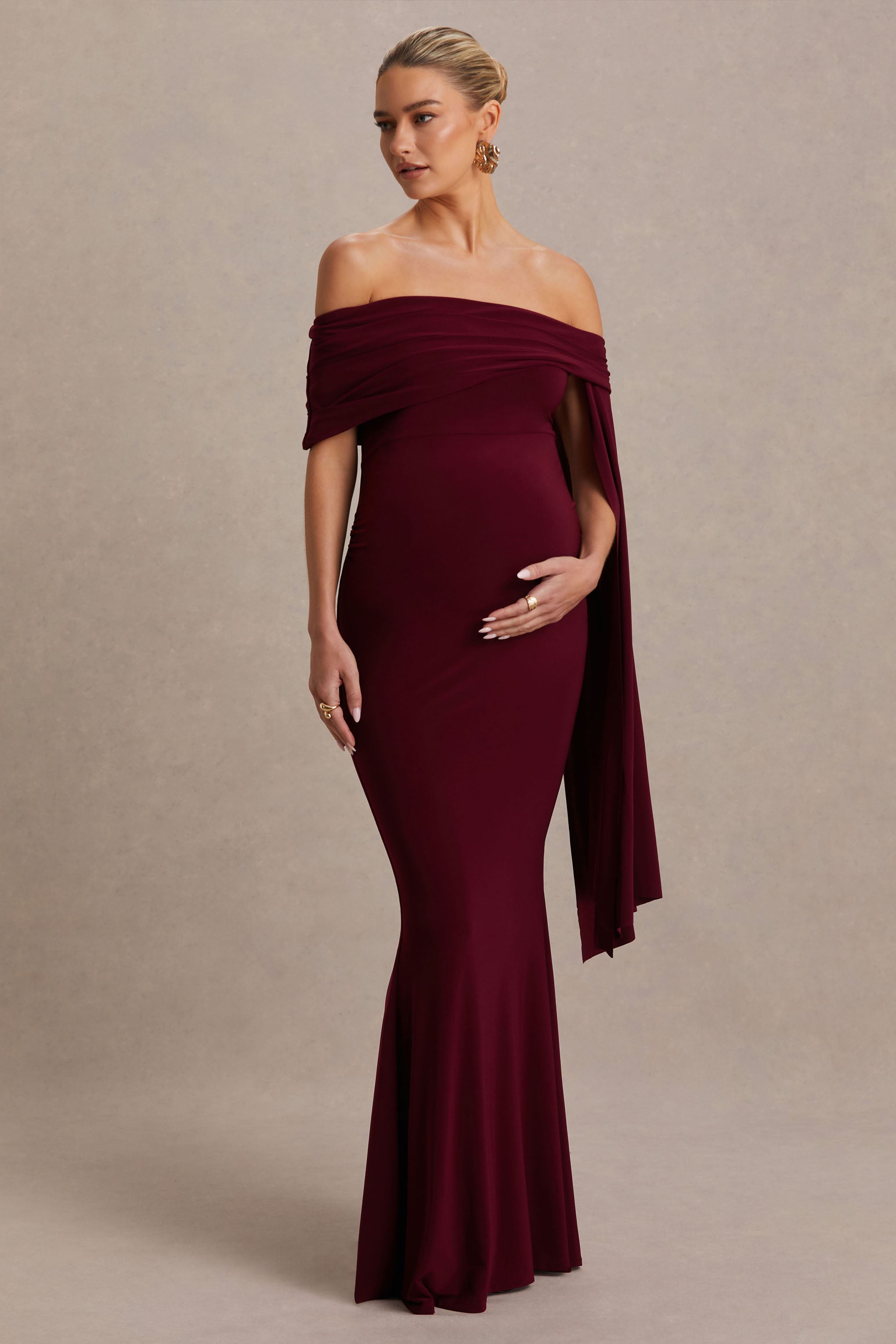 Aquila | Bordo Bardot Hamile Maxi Elbise Drape Kol ile