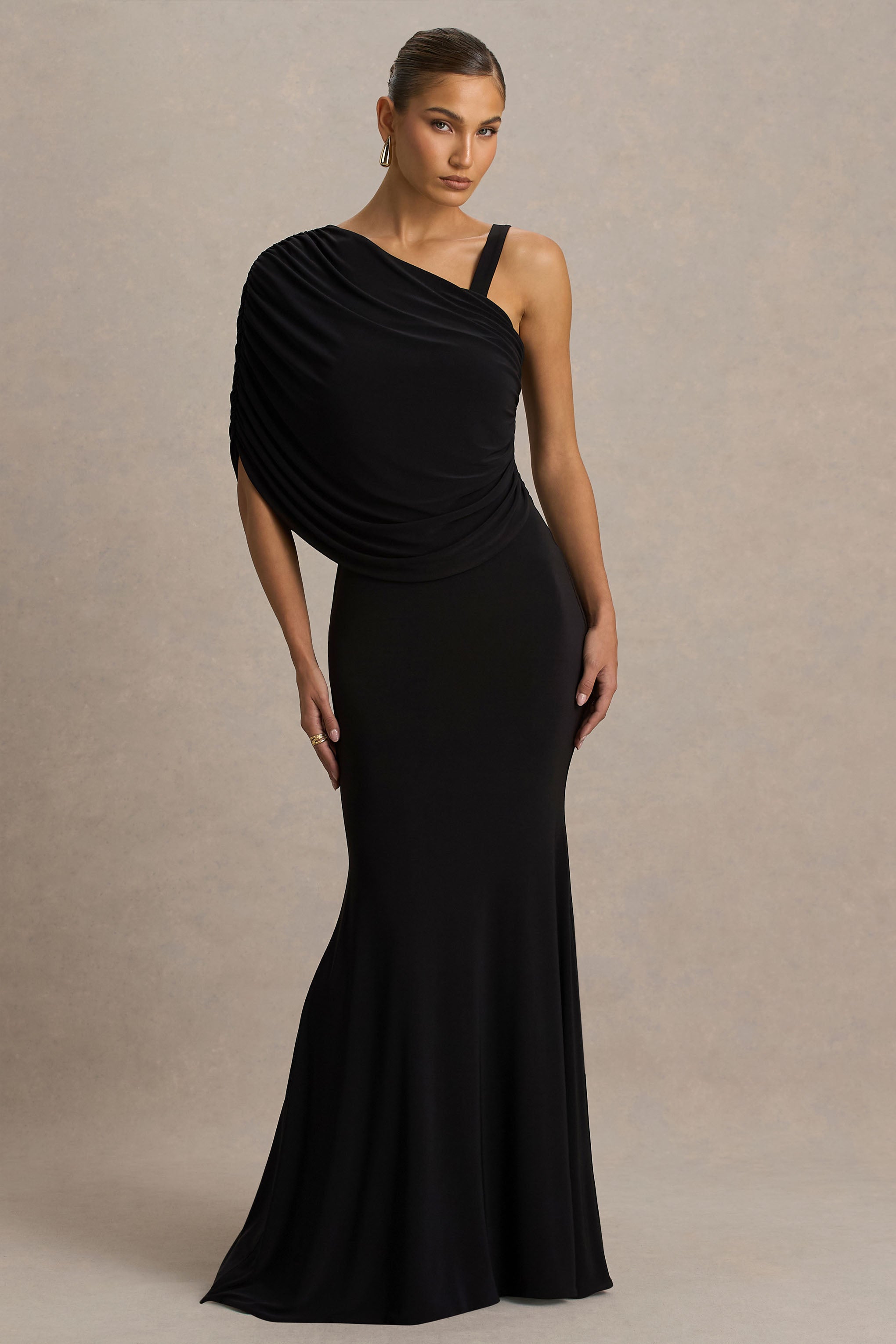 Sylvie | Siyah Asimetrik Yaka Maxi Elbise