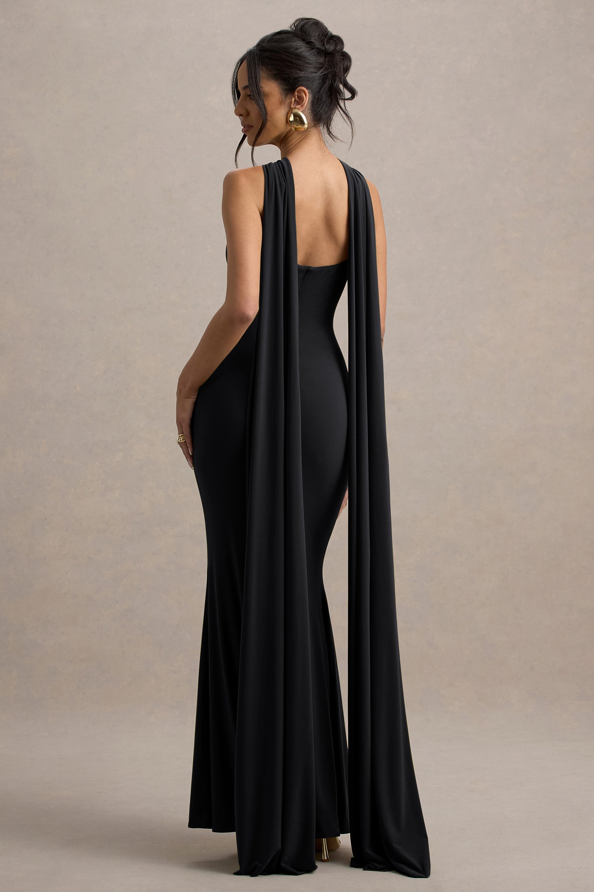 Rhoda | Siyah Dönme Halter Yaka Maxi Elbise