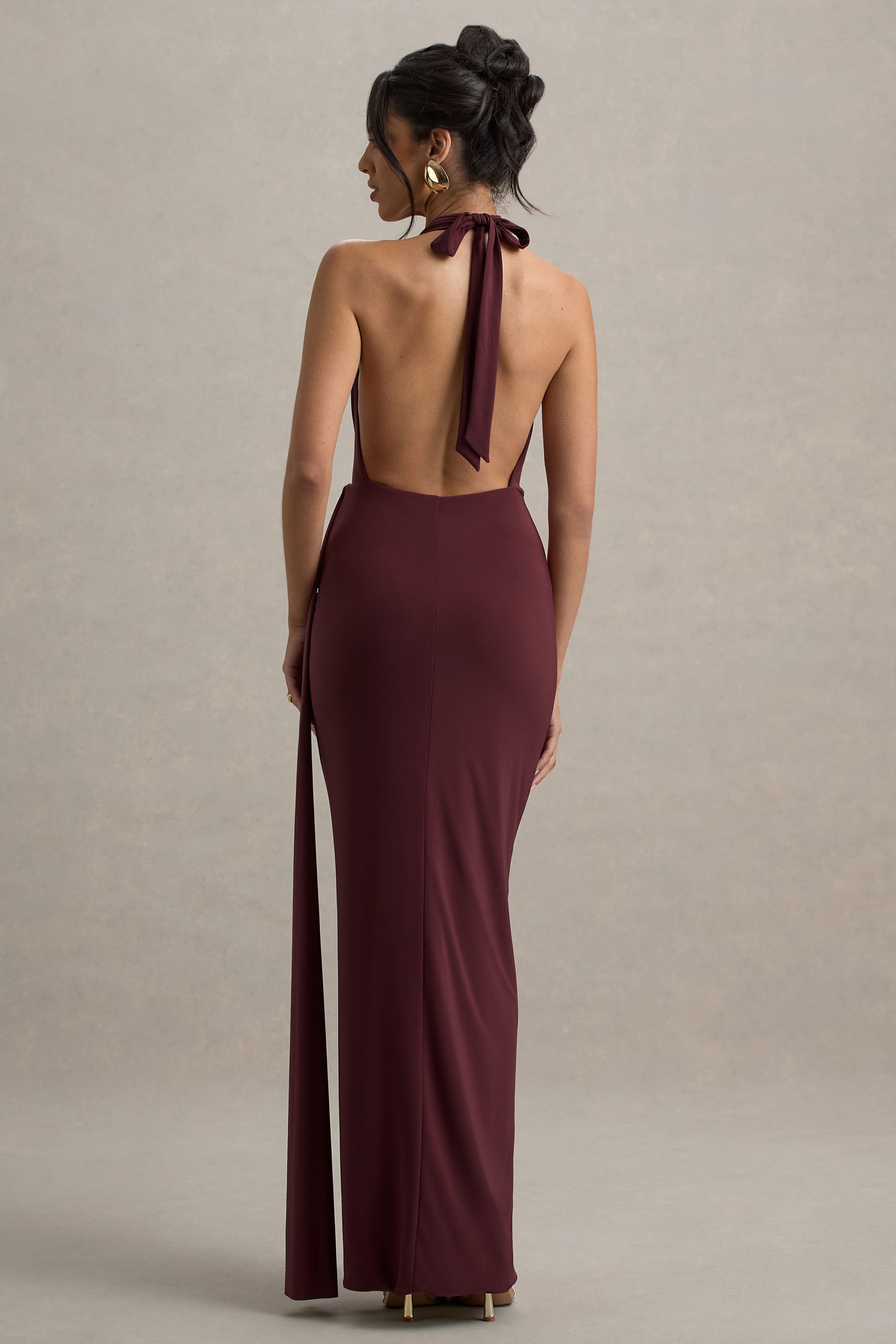 Rosina | Bordo Halter Yaka Drapeli Maxi Elbise Kemer ile