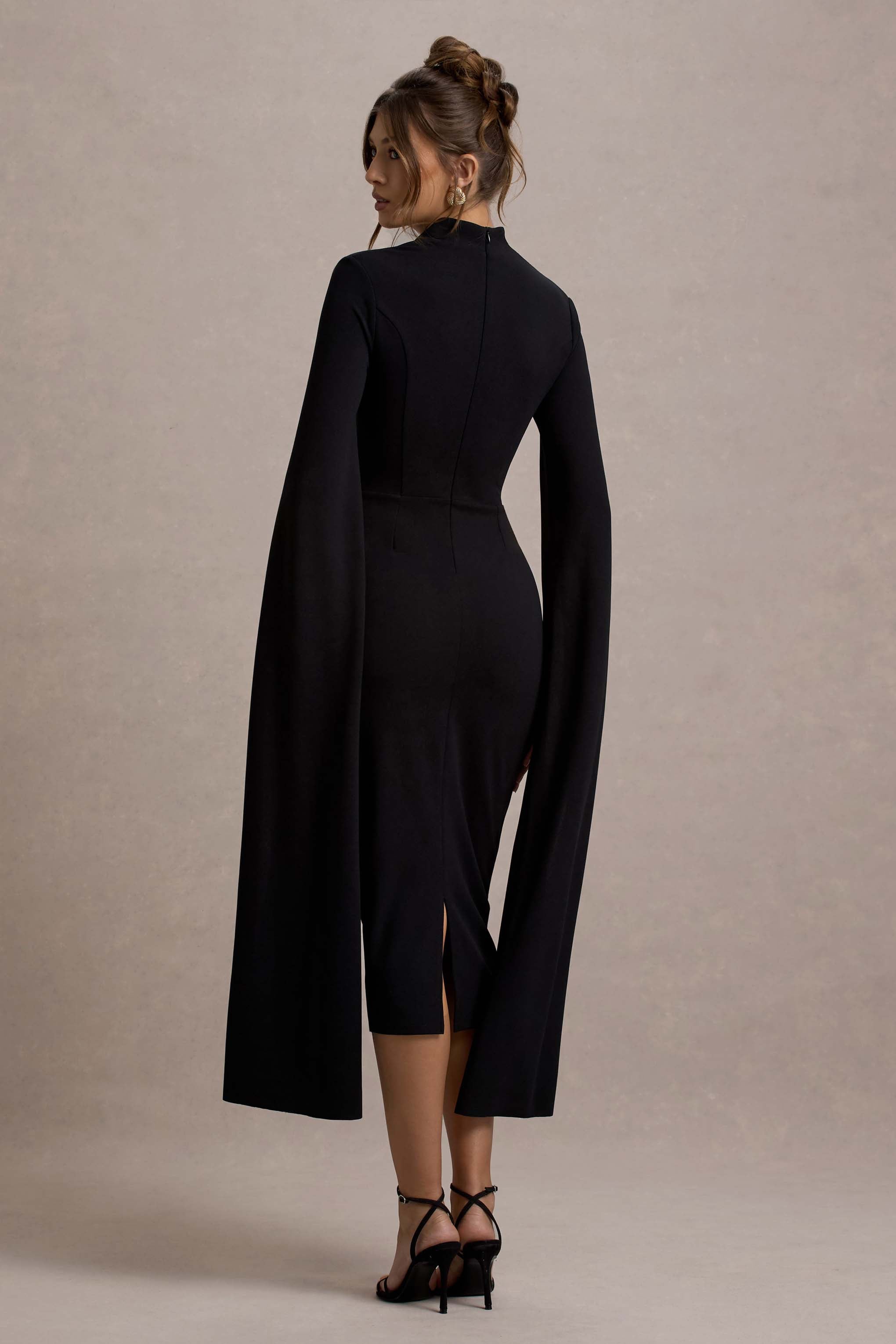 Linden | Siyah Bodycon Kapağı Kısa Midi Elbise