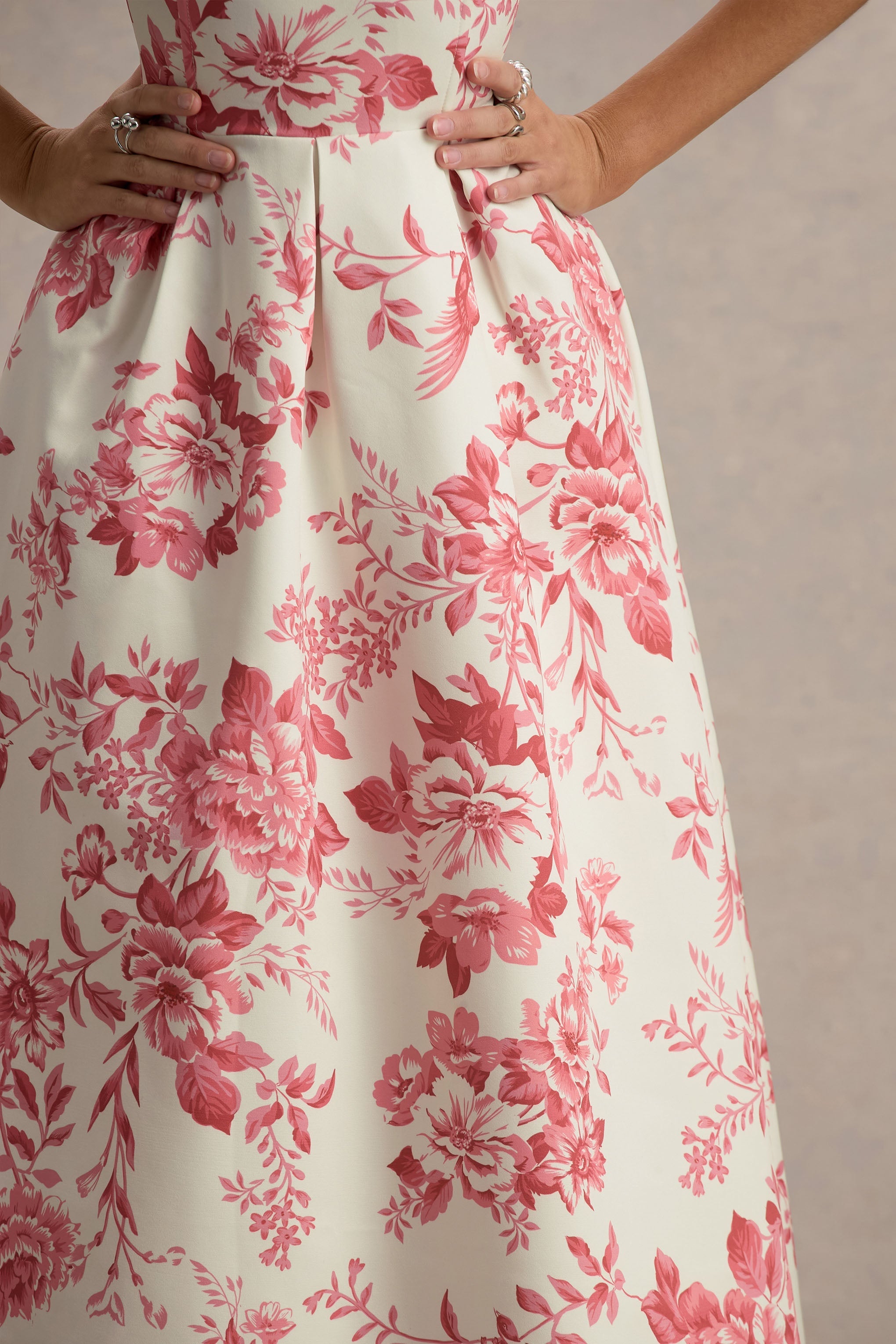Annalise | Pembe Porselen Desenli Bandeau Skater Midi Elbise