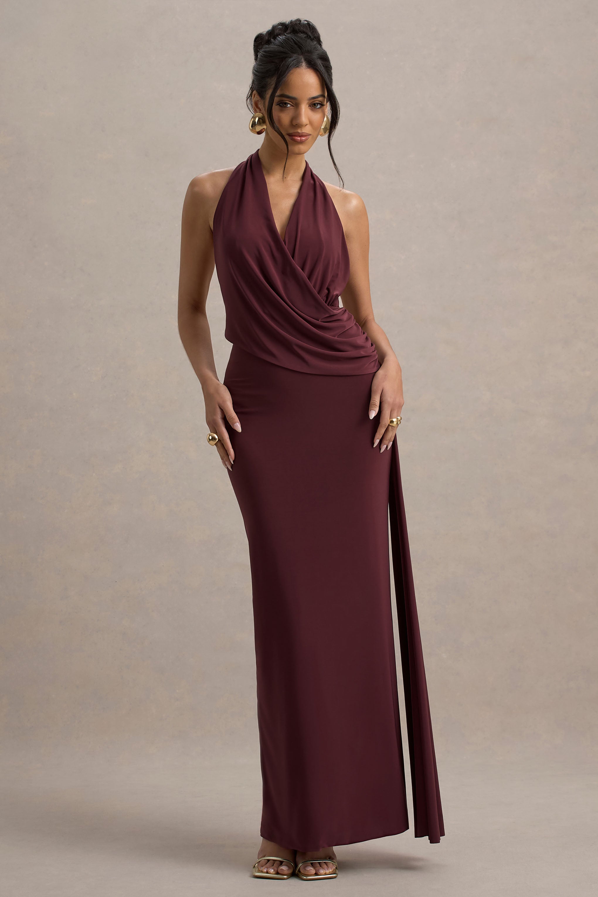 Rosina | Bordo Halter Yaka Drapeli Maxi Elbise Kemer ile