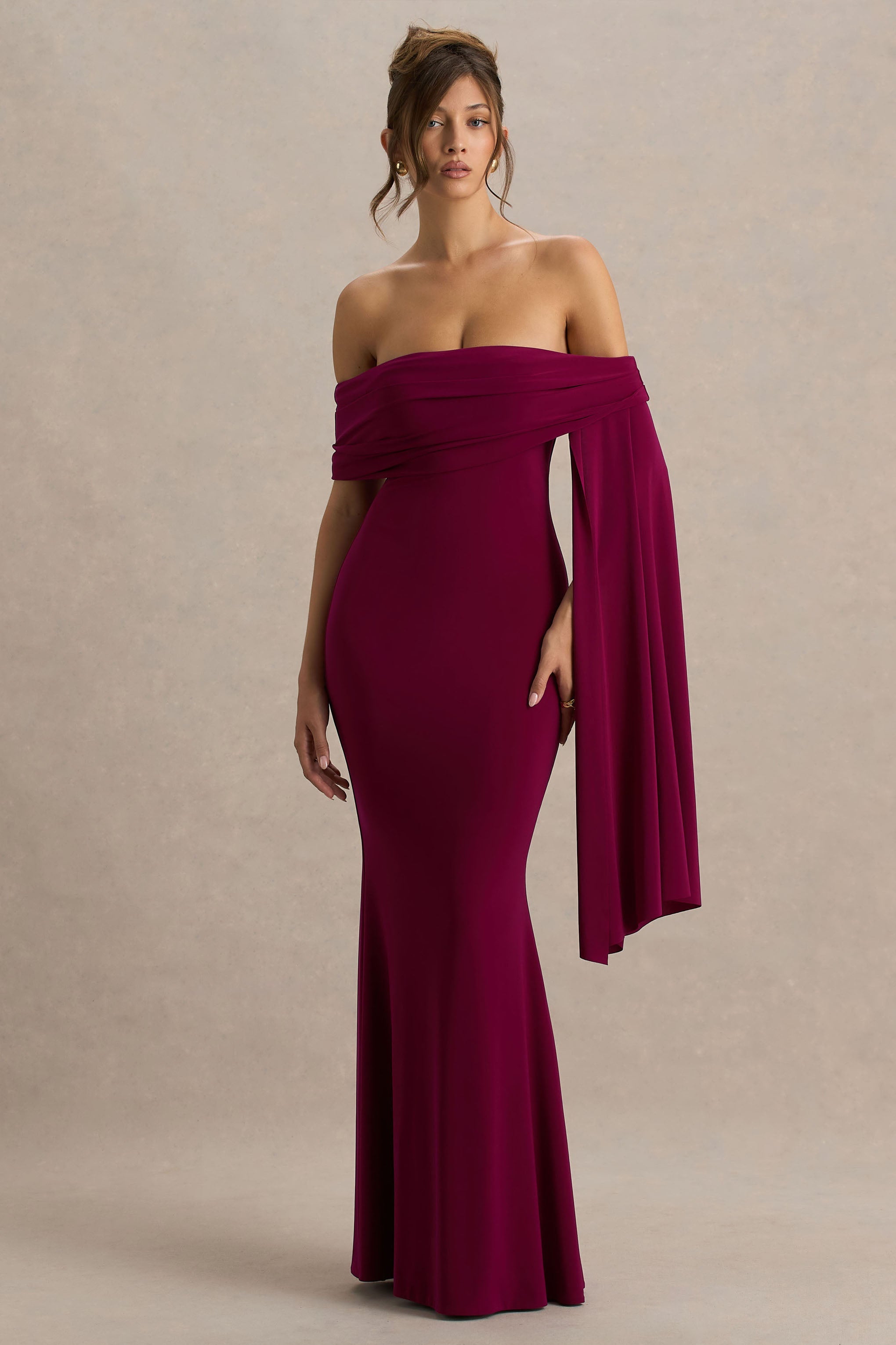 Saffina | Sash Detaylı Bordo Bardot Yaka Maxi Elbise