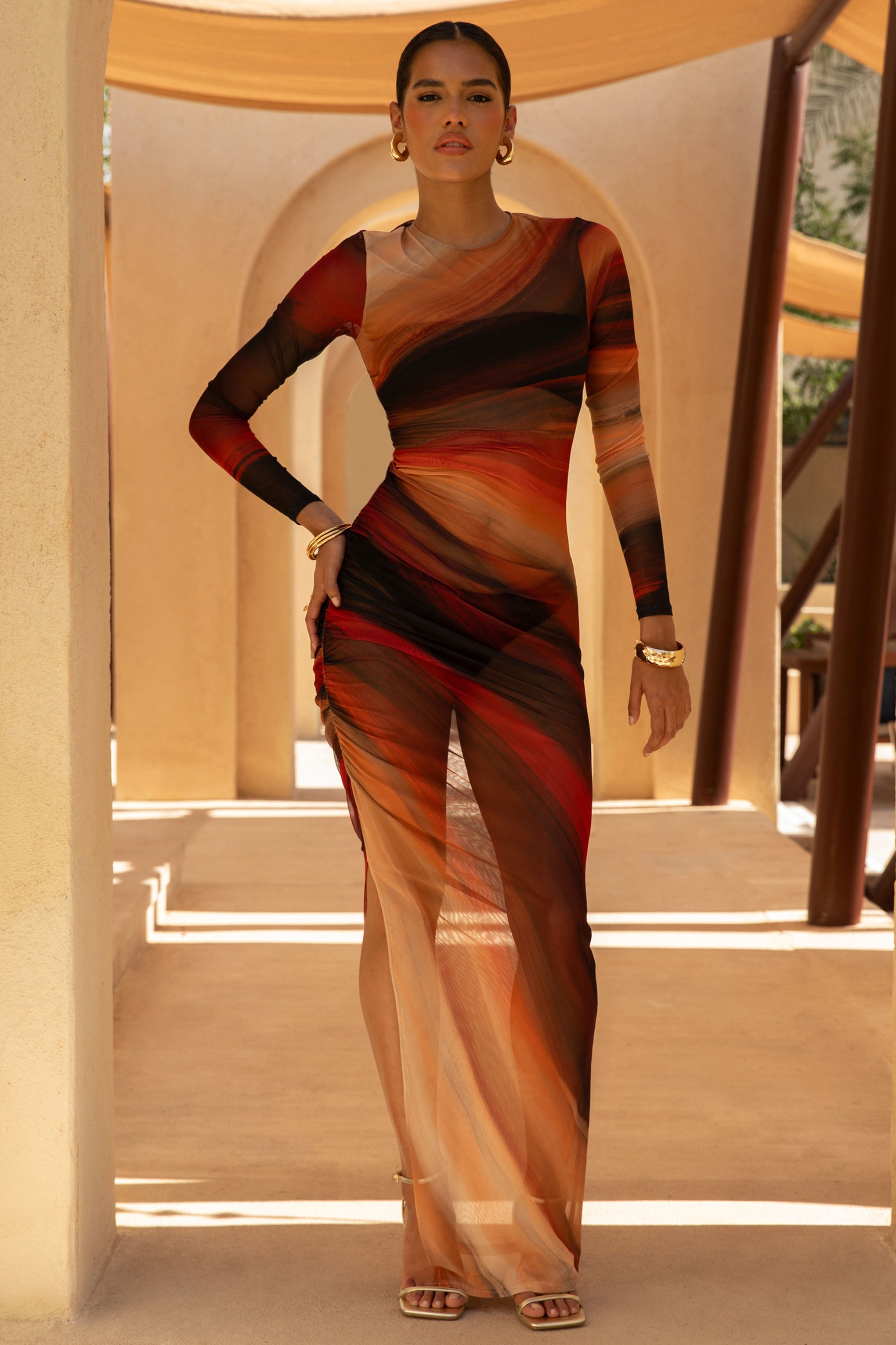 Barzilio | Ombre Uzun Kollu Bodycon Maxi Elbise