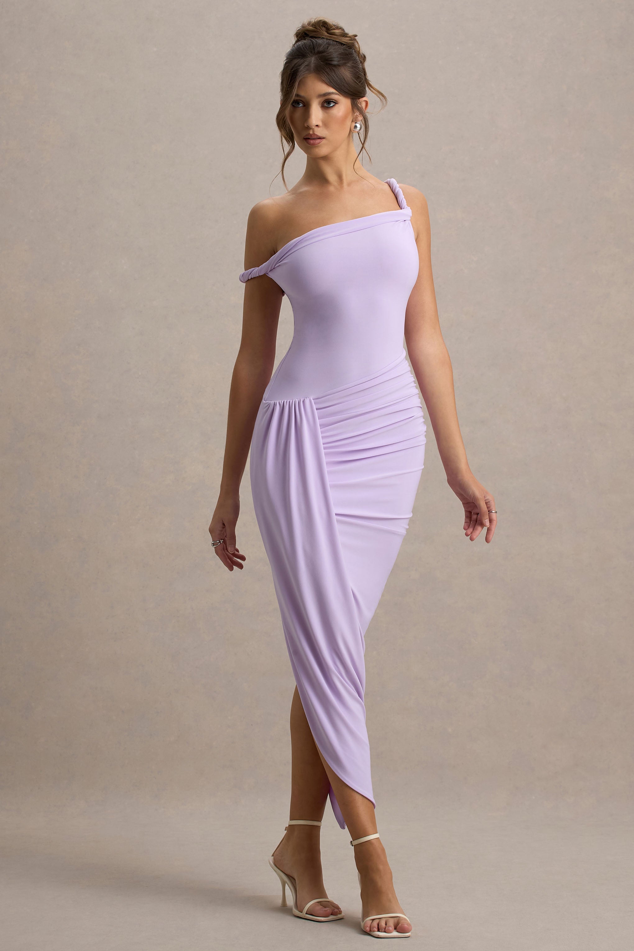 Angelique | Lila Kıvrımlı Asimetrik Maxi Elbise