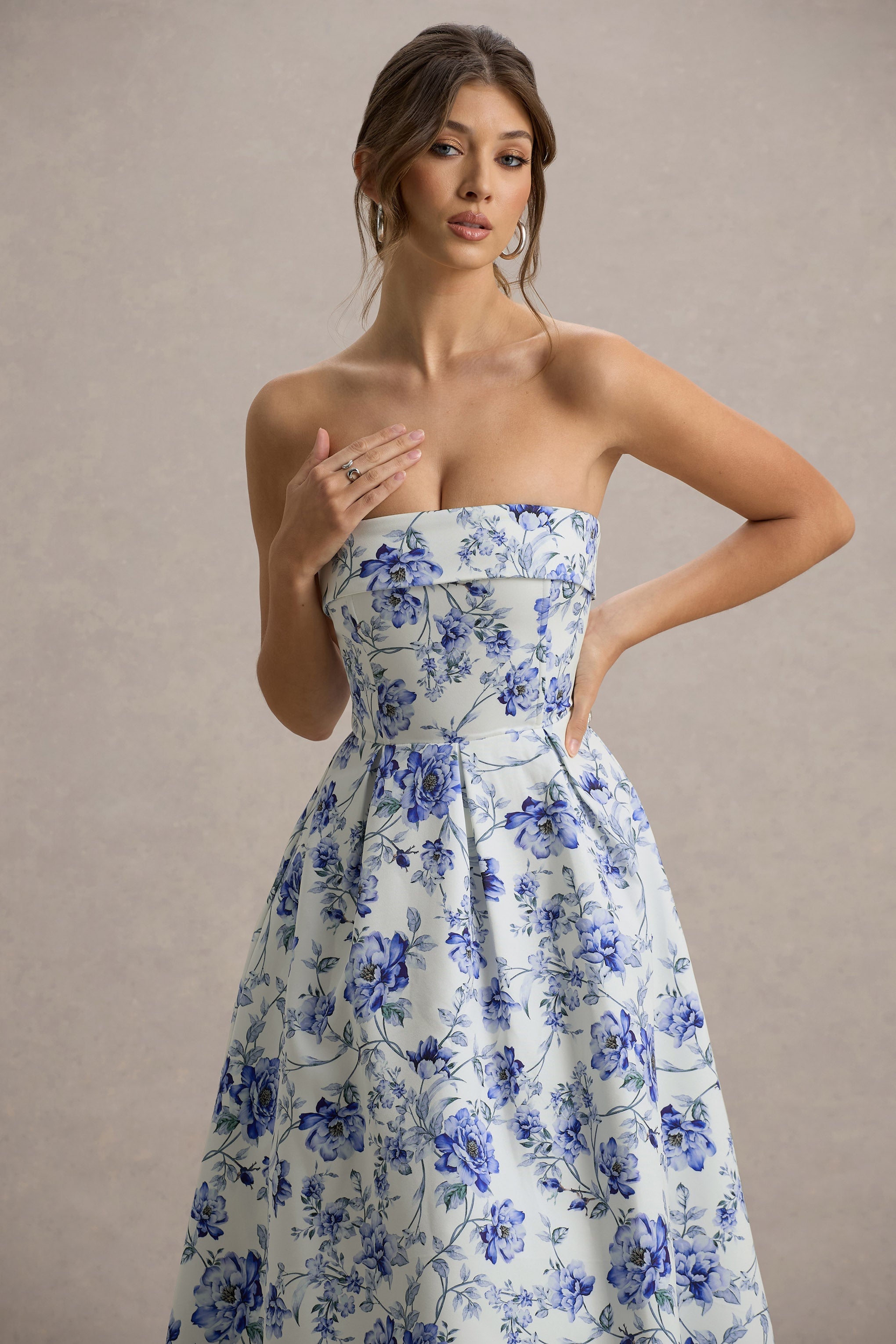 Annalise | Mavi Porselen Desenli Bandeau Midi Elbise