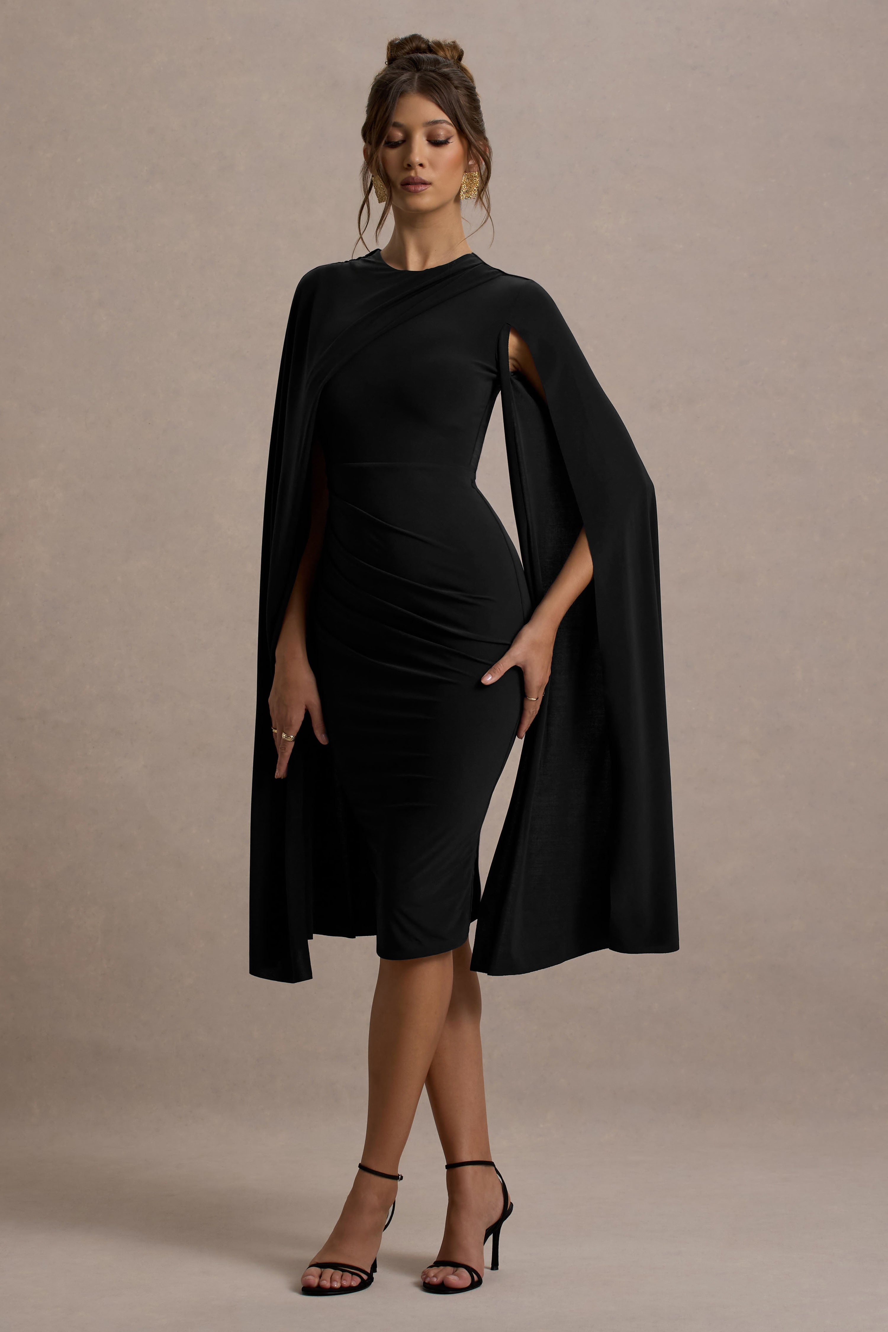Marysol | Siyah Asimetrik Kloş Midi Elbise